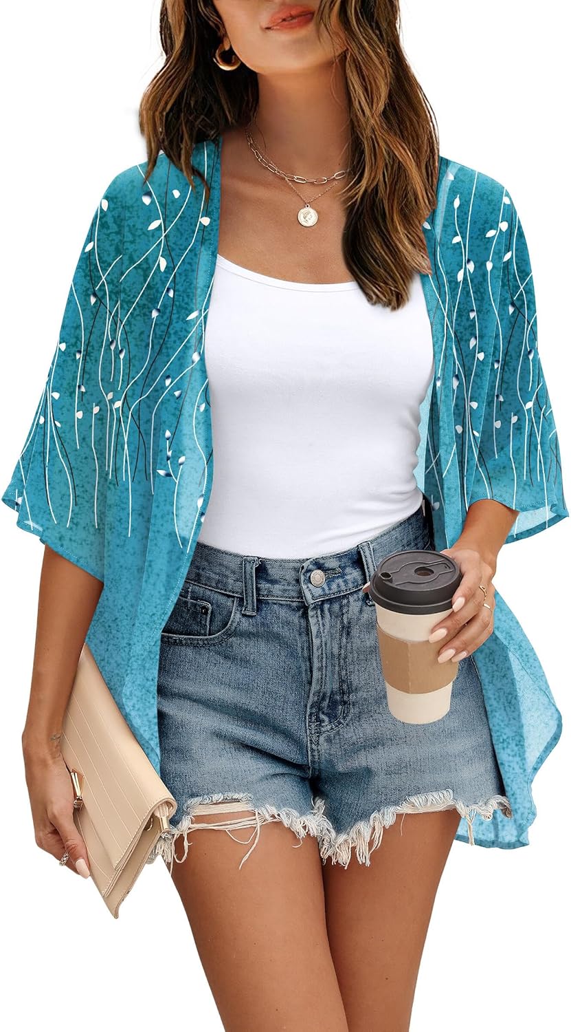 OFEEFAN Beach Cover Ups for Women 3/4 Length Sleeve Womens Tops Summer Cardigan Casual Blouses Loose Fit - Image 3