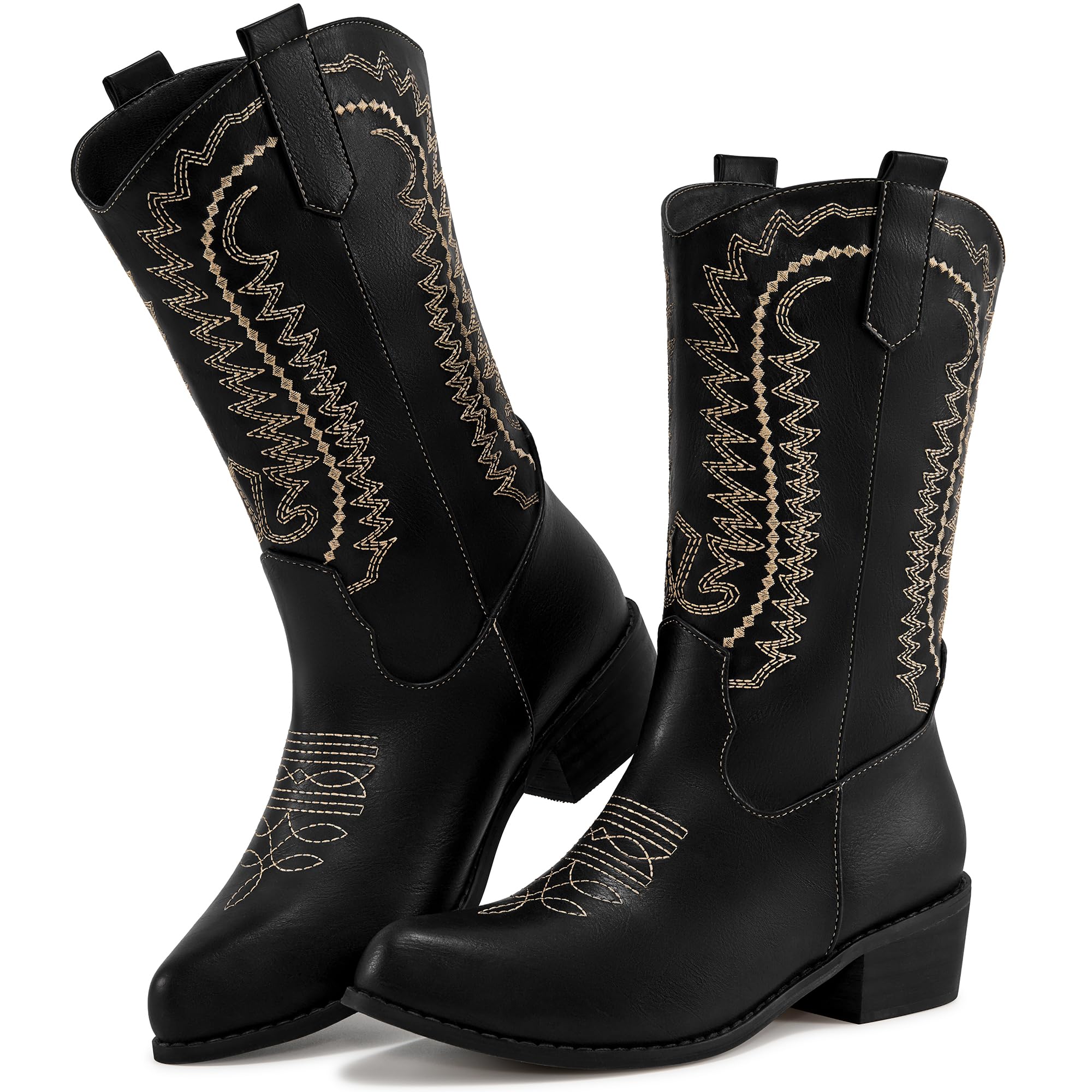 Cowboy Boots for Women Pointed Toe Embroidered Mid Calf Western Cowgirl Boot Low Chunky Heel for Theme Party