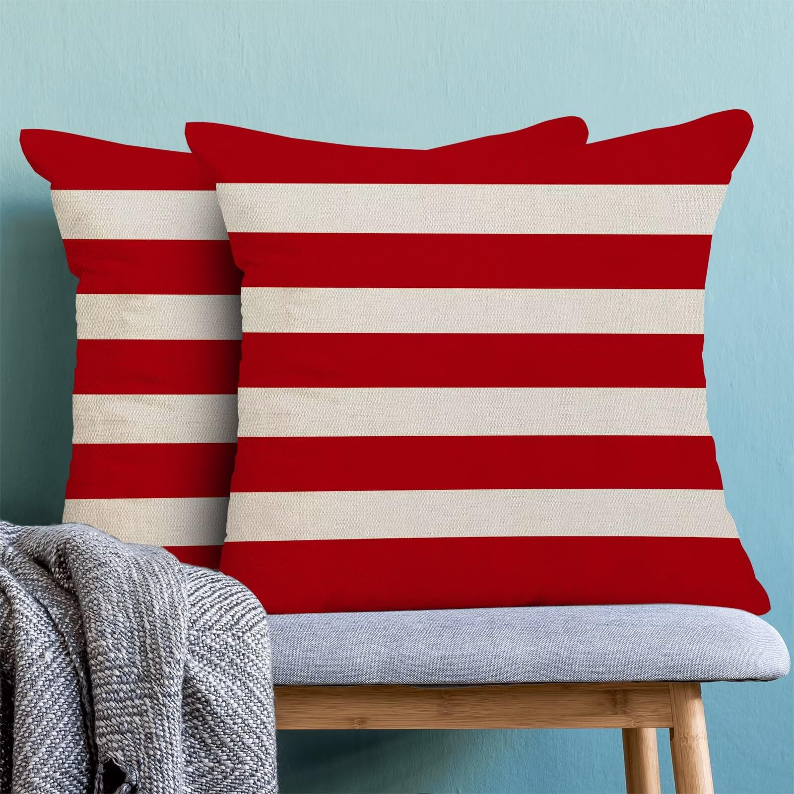 4th of July Patriotic Throw Pillow Covers 18x18 Inch Set of 2, Memorial Day Red Stripe Decorative Pillow Covers Independence Day Outdoor Cushion Cover for Sofa Couch Farmhouse Room Bed Decor 1