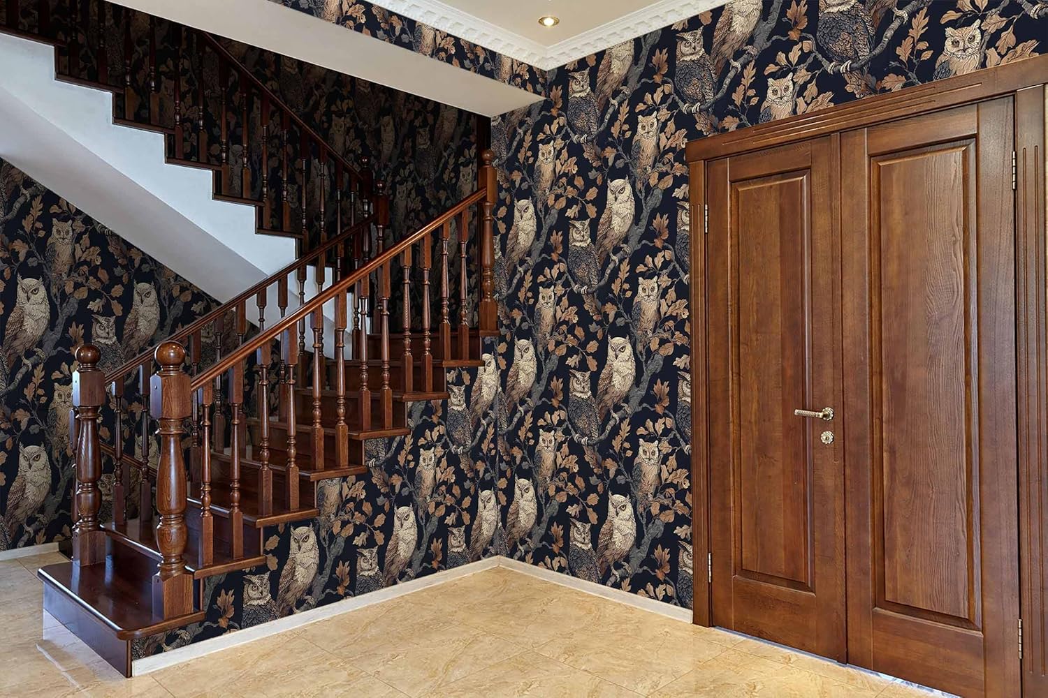 Owl Forest Peel and Stick Wallpaper, Vintage Woodland Wallpaper with Owls and Oak Leaves for Home Decor | 17.7" x 118", Self-Adhesive, Waterproof Vinyl