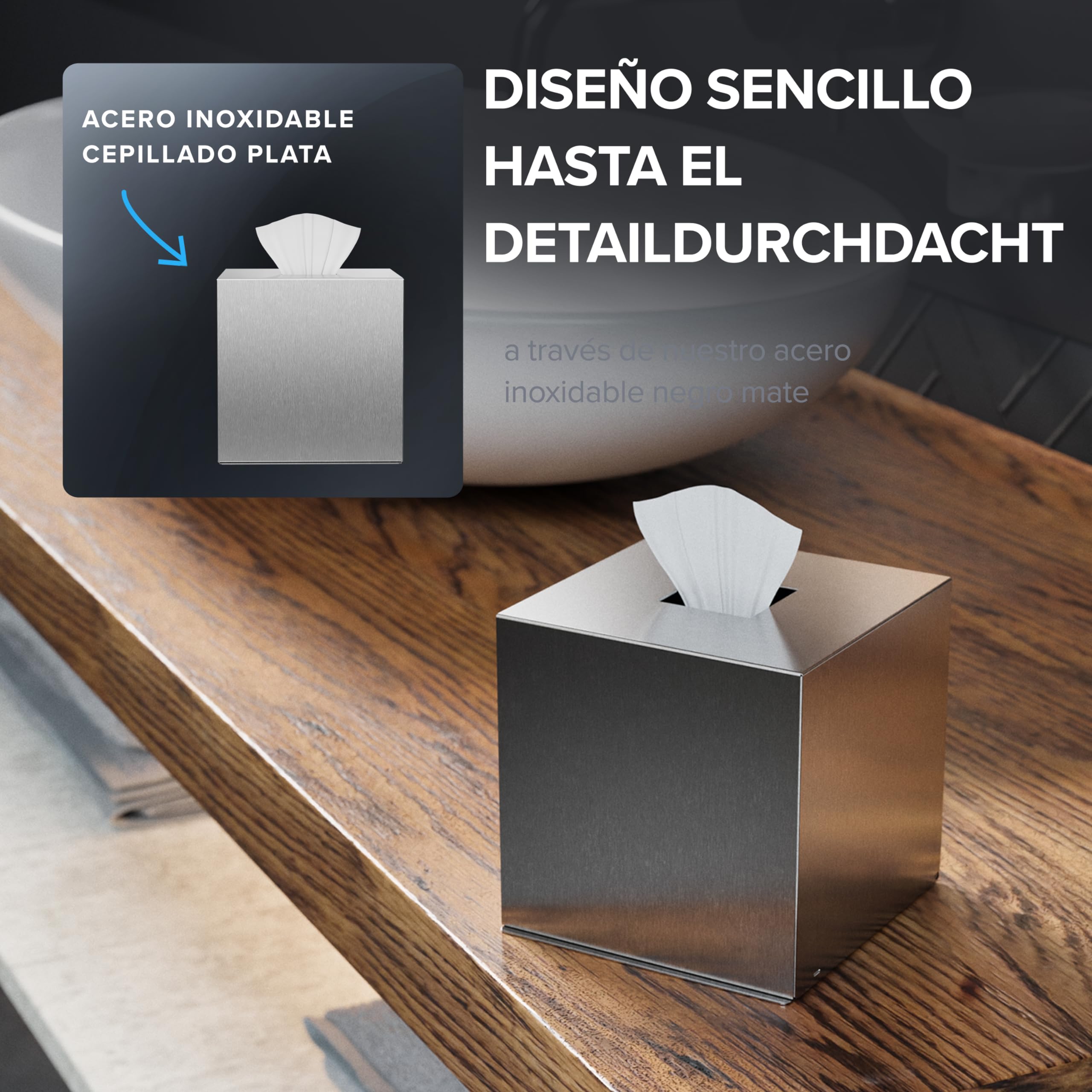 ovimar Caja Cuadrada para pañuelos cosméticos Svitringen | Acero Inoxidable | Plata dispensador de pañuelos, Toallas de Papel o pañuelos cosméticos | para baño, Cocina o Mesa de Comedor