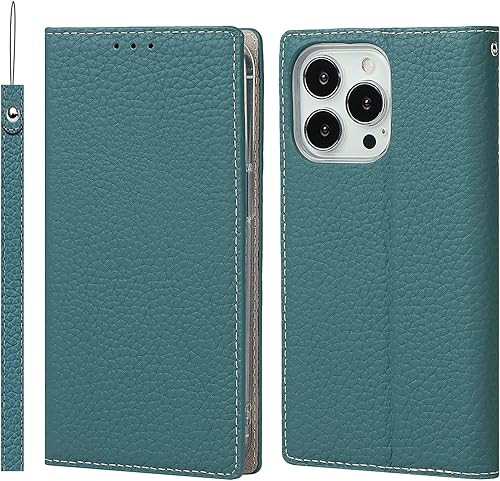 Havaya Funda de piel auténtica para iPhone 13 Pro con tarjetero para mujer, con ranuras para tarjetas de crédito, color azul cielo