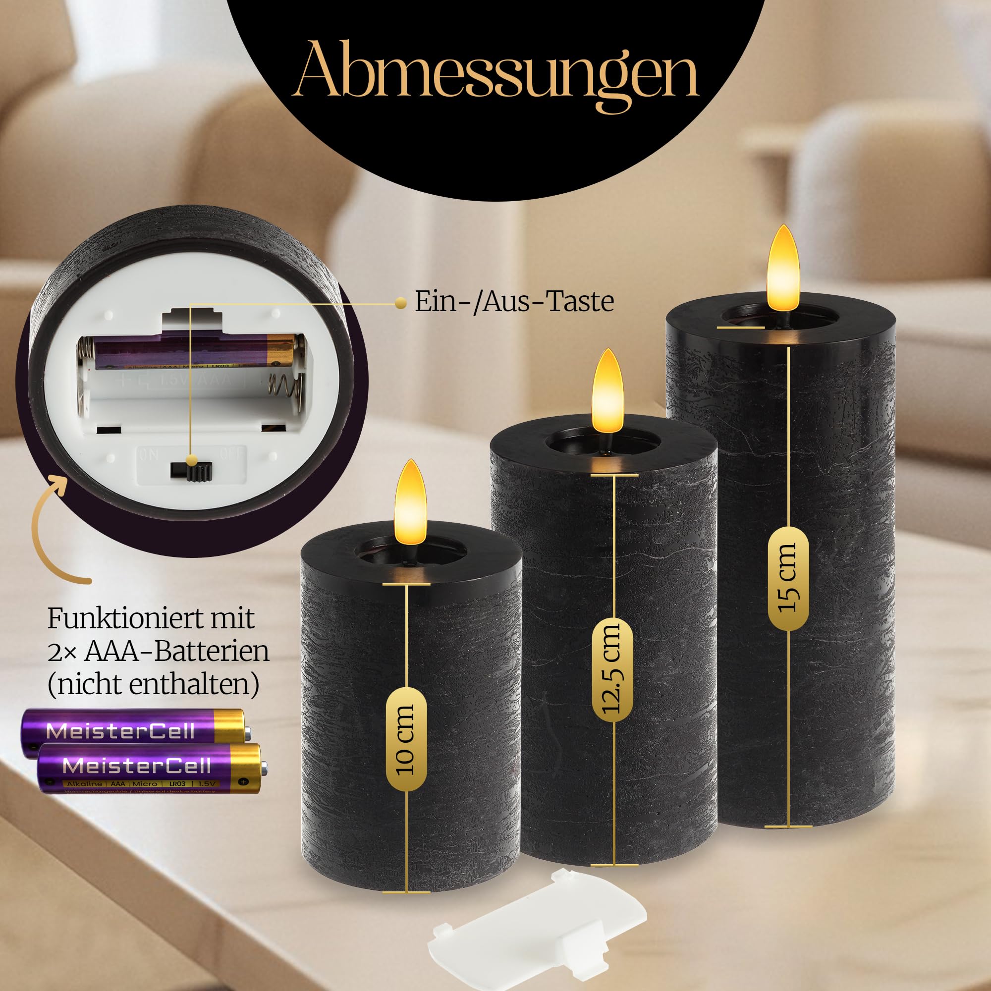 Meisterhome® LED-Kerzen 5er-Set Flammenlos Schwarz – Ø7 cm, Höhen 10/12,5/15 cm – Stumpenkerzen mit Fernbedienung & Timer – warmweißes Licht – flackernde Flamme – Rustik-Design – batteriebetrieben