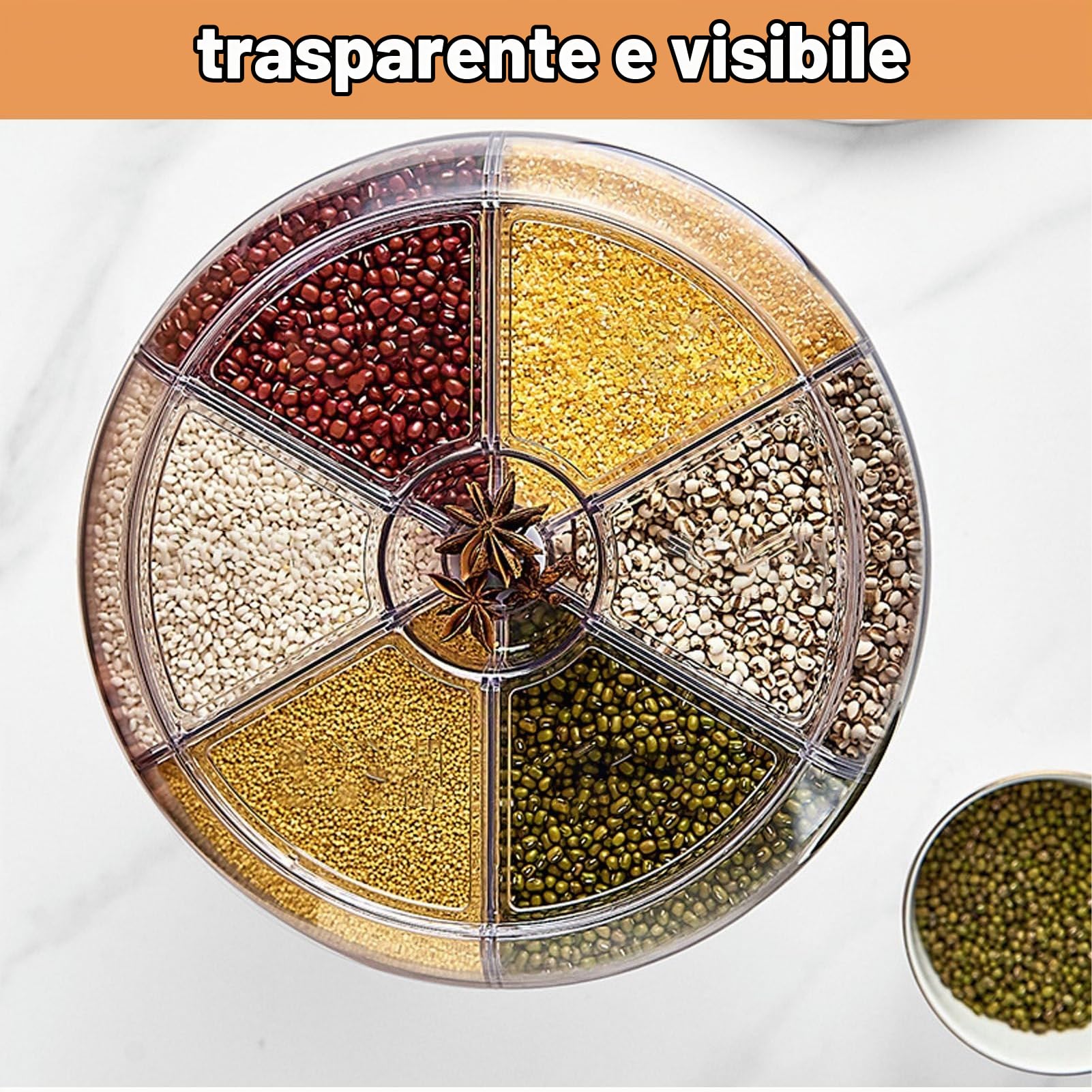 Dispenser per riso e cereali rotante 360° con 6 griglie, contenitore impilabile a strato singolo per alimenti secchi