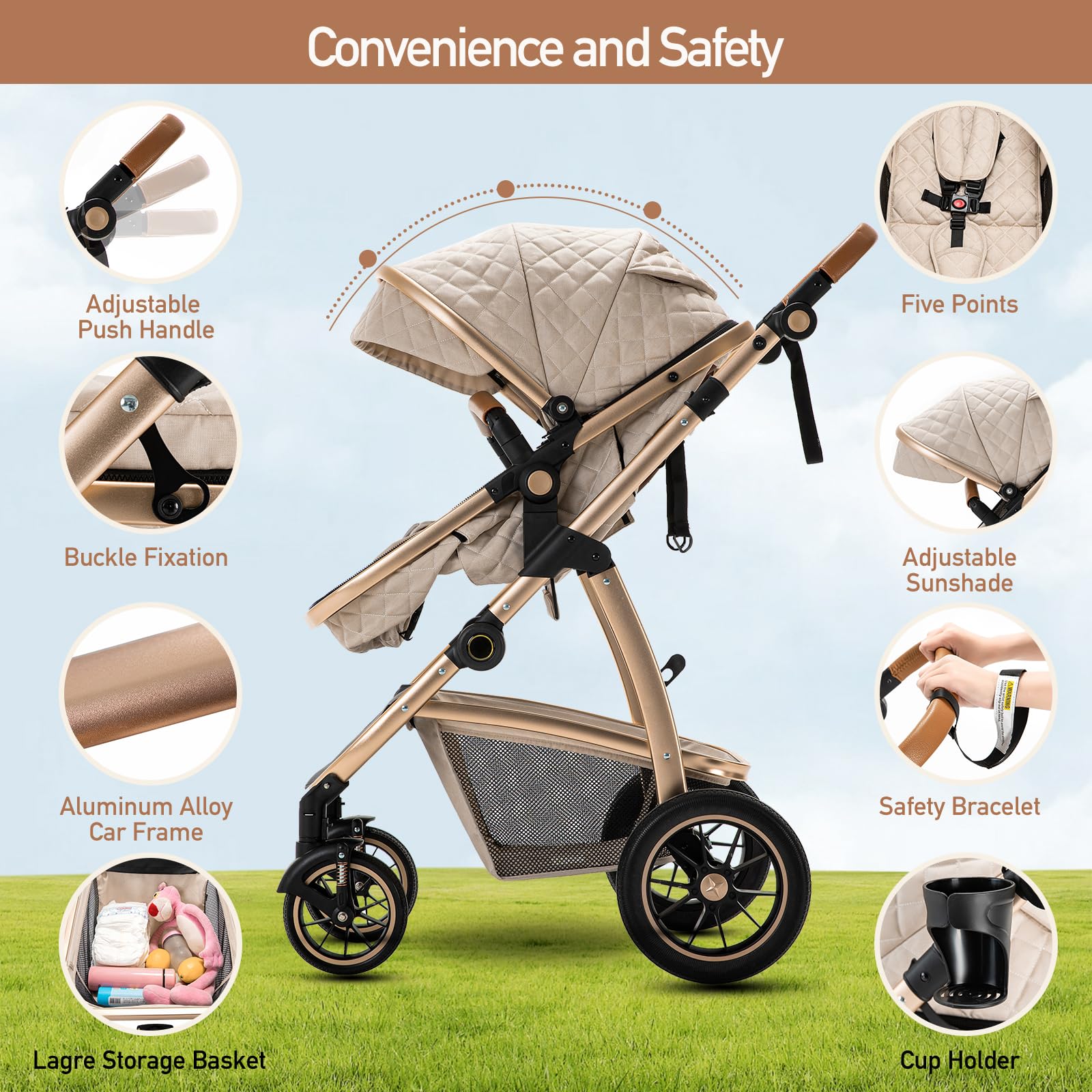 Poussette 3 en 1 Système de Voyage Siège Auto Landau Accoudoirs réglables Châssis Aluminium 0-4 ans