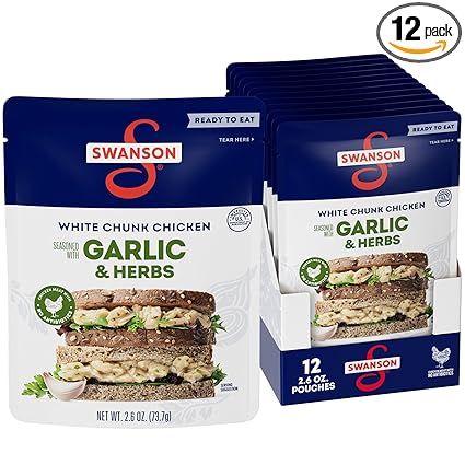 Swanson Garlic and Herbs White Chunk Fully Cooked Chicken, Ready to Eat, Simple On-the-Go Meals, 2.6 OZ Pouch (Case of 12)