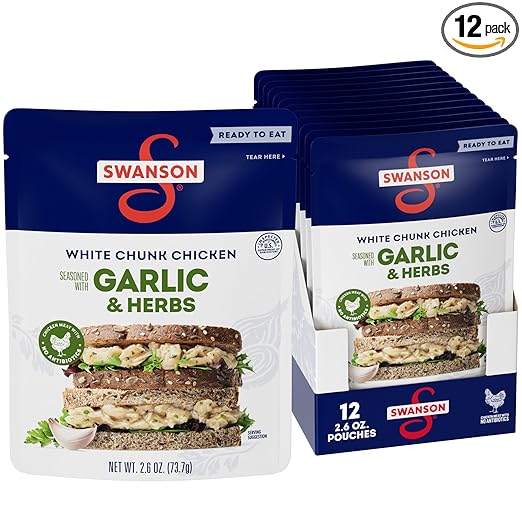 Swanson Garlic and Herbs White Chunk Fully Cooked Chicken, Ready to Eat, Simple On-the-Go Meals, 2.6 OZ Pouch (Case of 12)