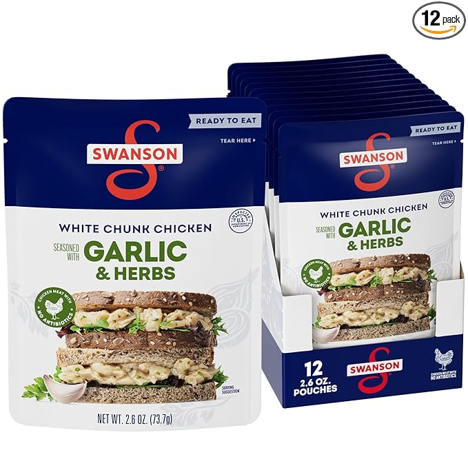 Swanson Garlic and Herbs White Chunk Fully Cooked Chicken, Ready to Eat, Simple On-the-Go Meals, 2.6 OZ Pouch (Case of 12)