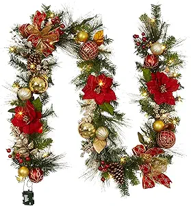 GarveeHome Prelit Christmas Garland for Mantle, 9 Ft Battery Operated Xmas Garland with Lights Red Gold Ball Ornaments Poinsettia Flower for Fireplace Front Door Stairs Railing Indoor Outdoor Decor