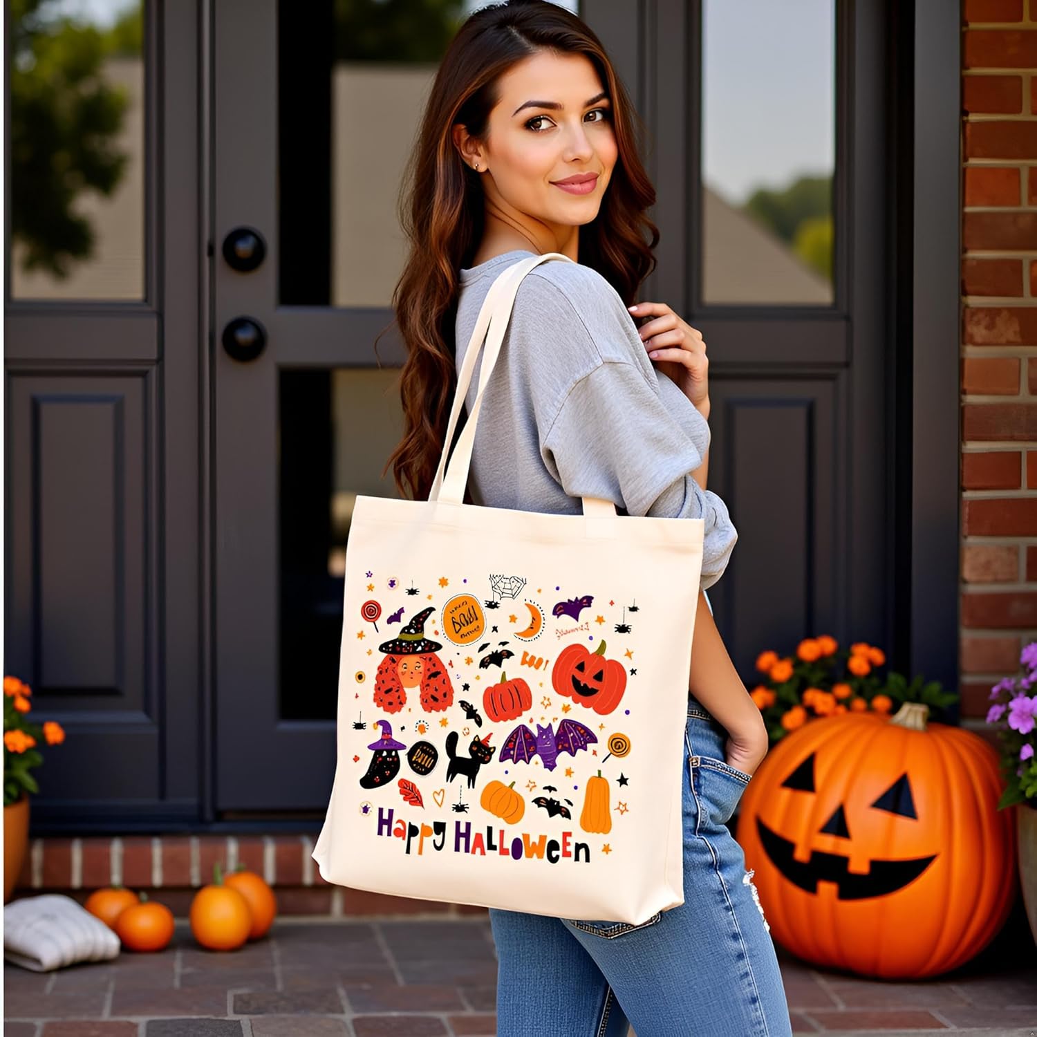 HIYAGON Halloween Tote Bags for Kids Travel Reusable Grocery Shopping Shoulder Go-to Everyday Bag for Work University Handbag(Happy Halloween)