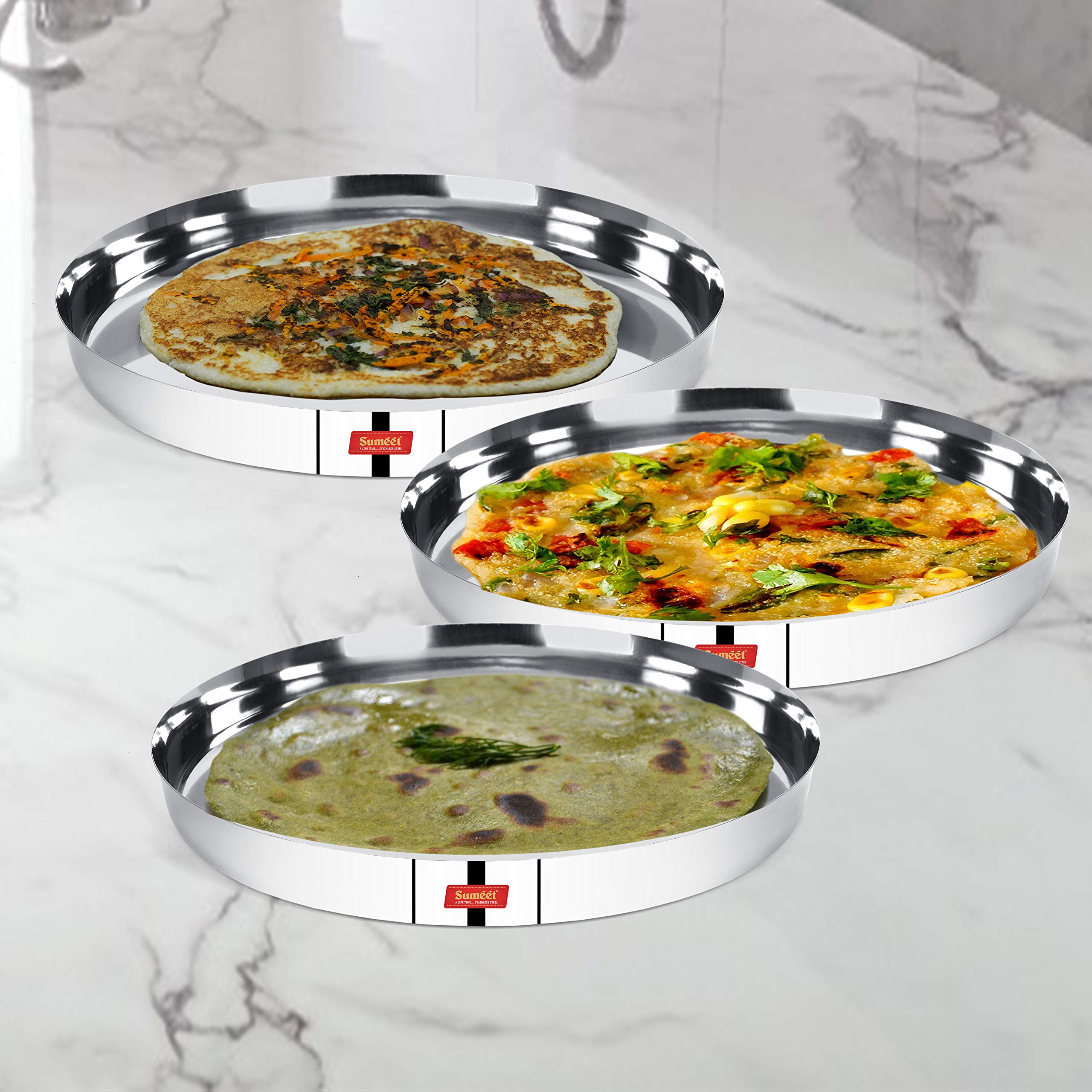 Sumeet 22 Gauge Stainless Steel Traditional Dinner Plate/Thali 25.8Cm (1.5Ltr) - Set of 3pc