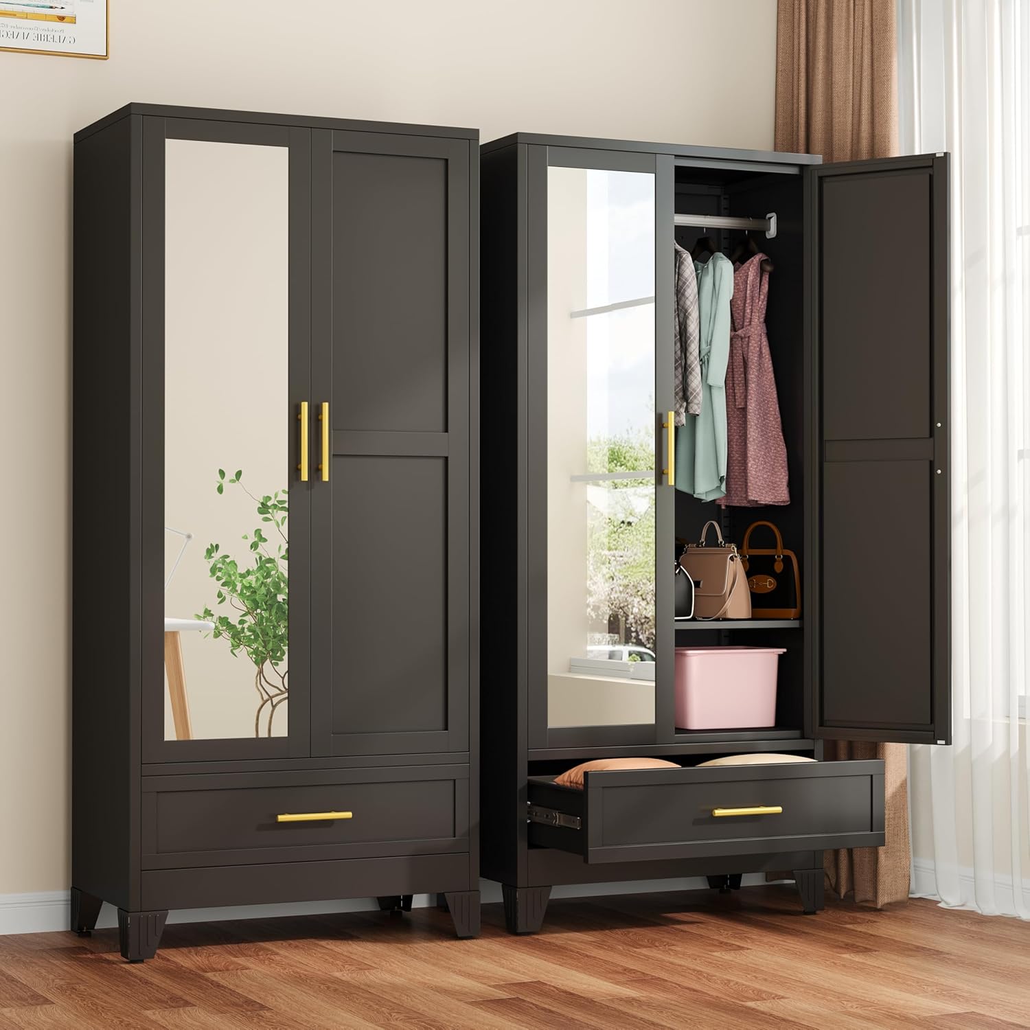 (Incomplete) Metal Armoire Wardrobe Closet with Drawer, 71\" Wardrobe Cabinet with Adjustable Shelves and Hanging Rod, Clothing Storage Cabinet Closet with Mirror for Bedroom-Black 1drawer Black 1 Drawer