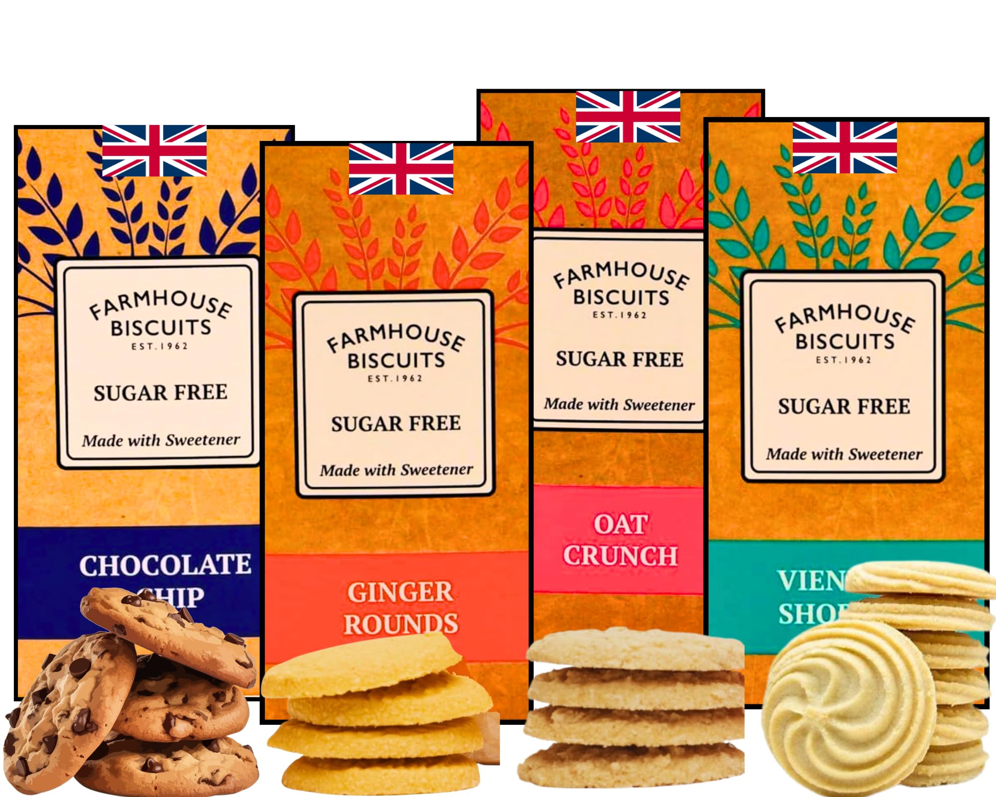 British Imported Farmhouse Biscuits Sugar Free Assorted Cookie Variety Pack, 4 Flavors - Chocolate Chip, Ginger Rounds, Oat Crunch, Viennese Shorties, 150g Each