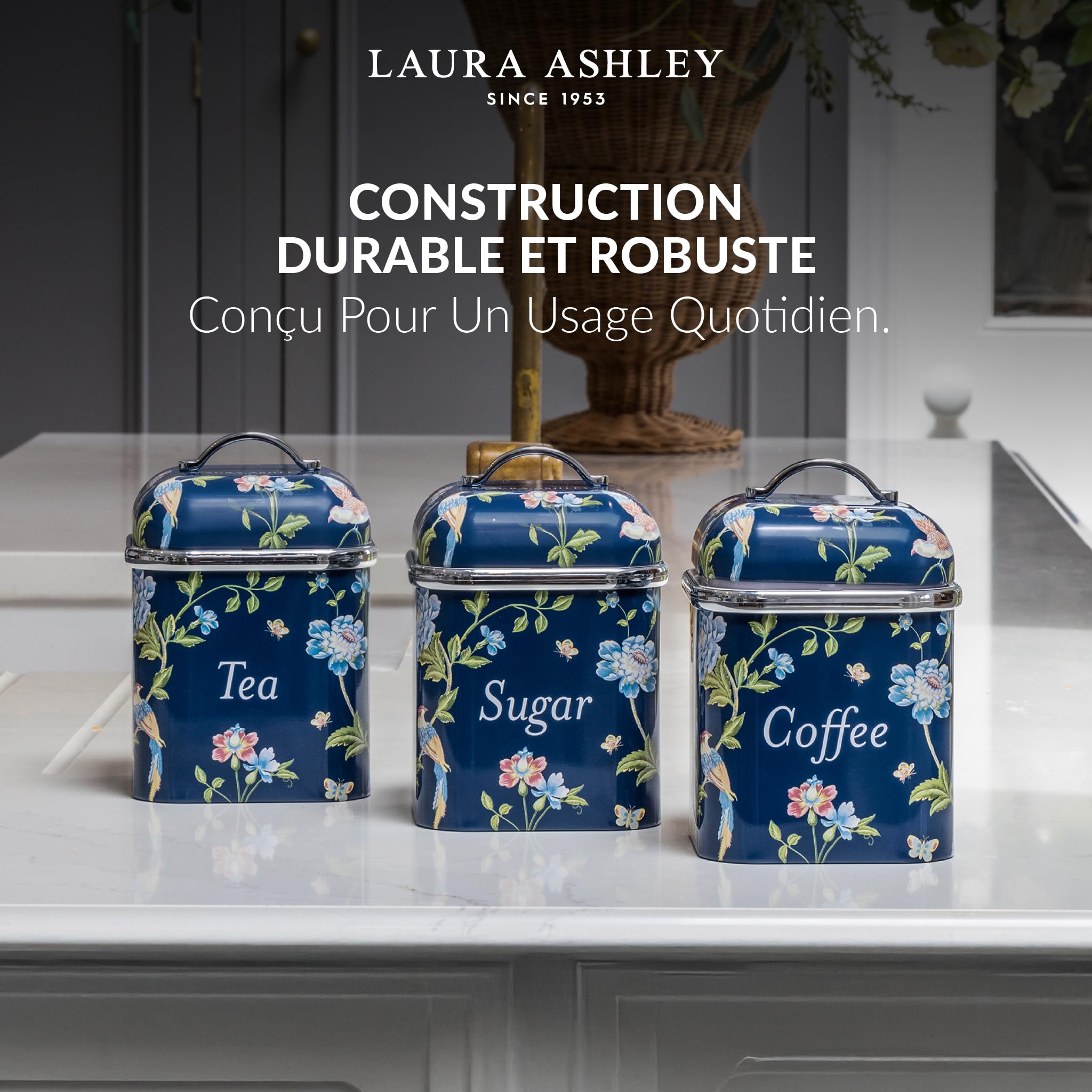 VQ Ensemble de 3 bocaux de rangement pour thé, café et sucre Laura Ashley, motif marin Elveden, élégante boîte de rangement en fer-blanc avec couvercle (Marine Elveden)