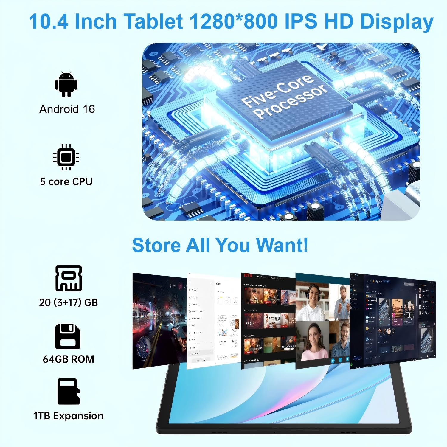 MUISOO Android 16 Tablet, 10.4 inch Tablet, 20GB RAM 64GB ROM(1TB TF Expand), 5MP+8MP Camera, WiFi 6, BT5.4, 1280 * 800 IPS, 5000mAh, Dual Speakers Pad PC Tablets, Black — view 2