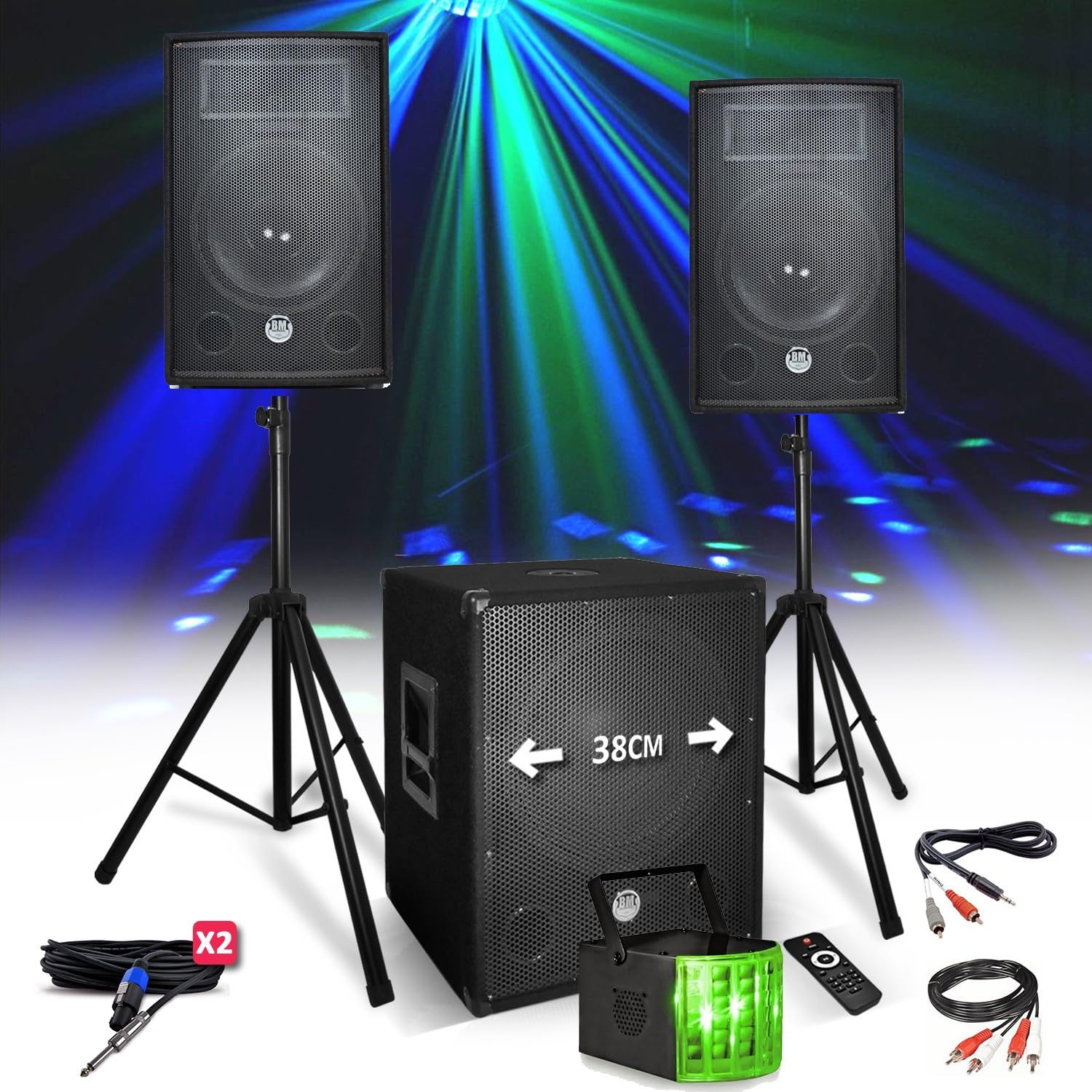 Kit Pack Sono BM Bmsonic 1512 2200W Enceintes + Subwoofer USB/Bluetooth + Pieds + Lumière Derby