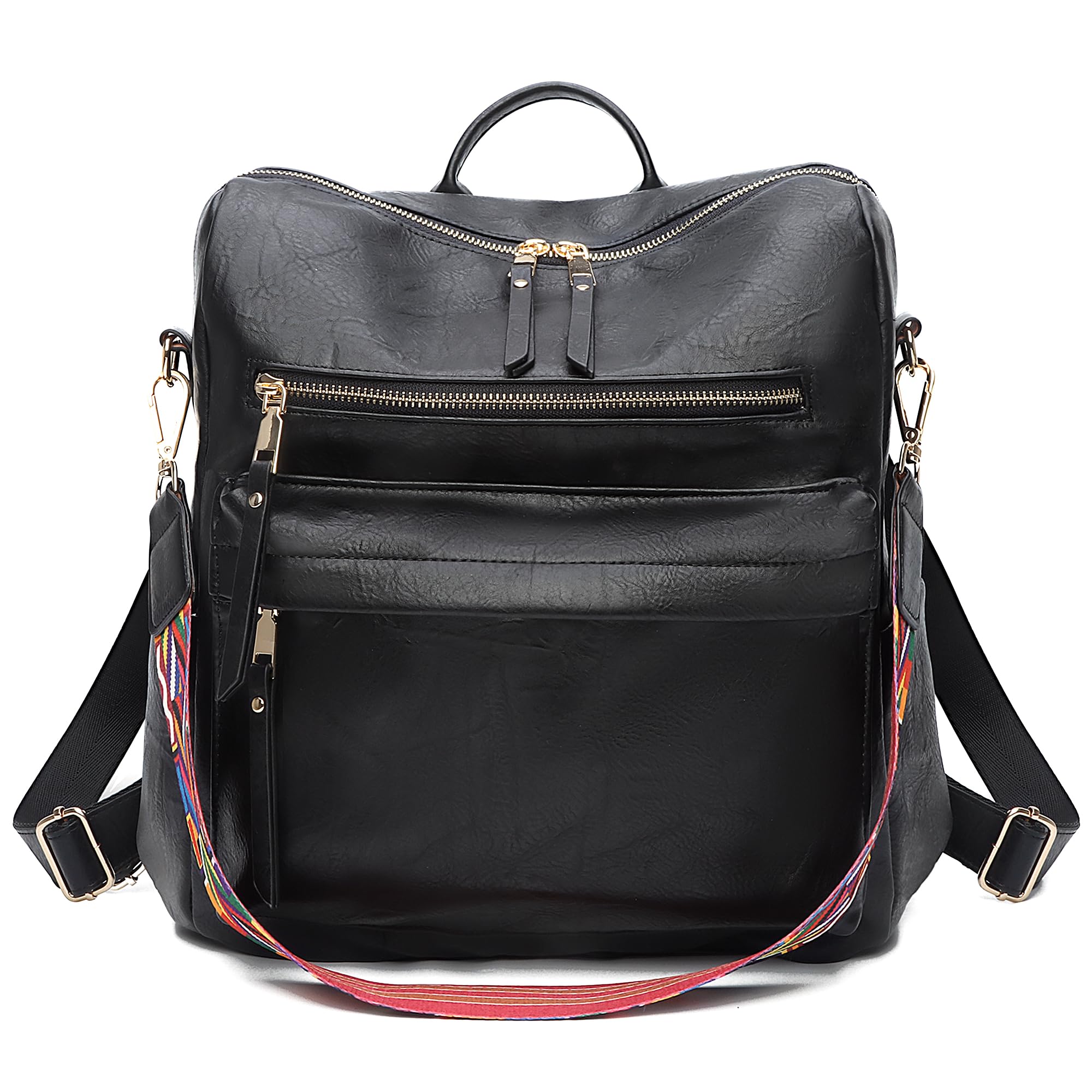 KOOIJNKO Women's Vintage Washed Leather Backpack Purse, Black, 33x15x36cm