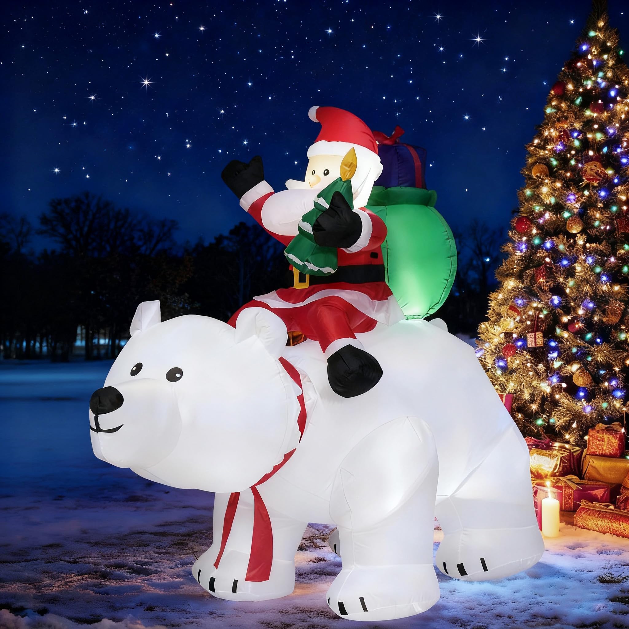 COSTWAY 200cm Aufblasbarer Weihnachtsmann Eisbär mit wackelndem Kopf, Weihnachtsfigur mit LED-Innenbeleuchtung, Weihnachtsdekofigur inkl. Gebläse und Montagezubehör