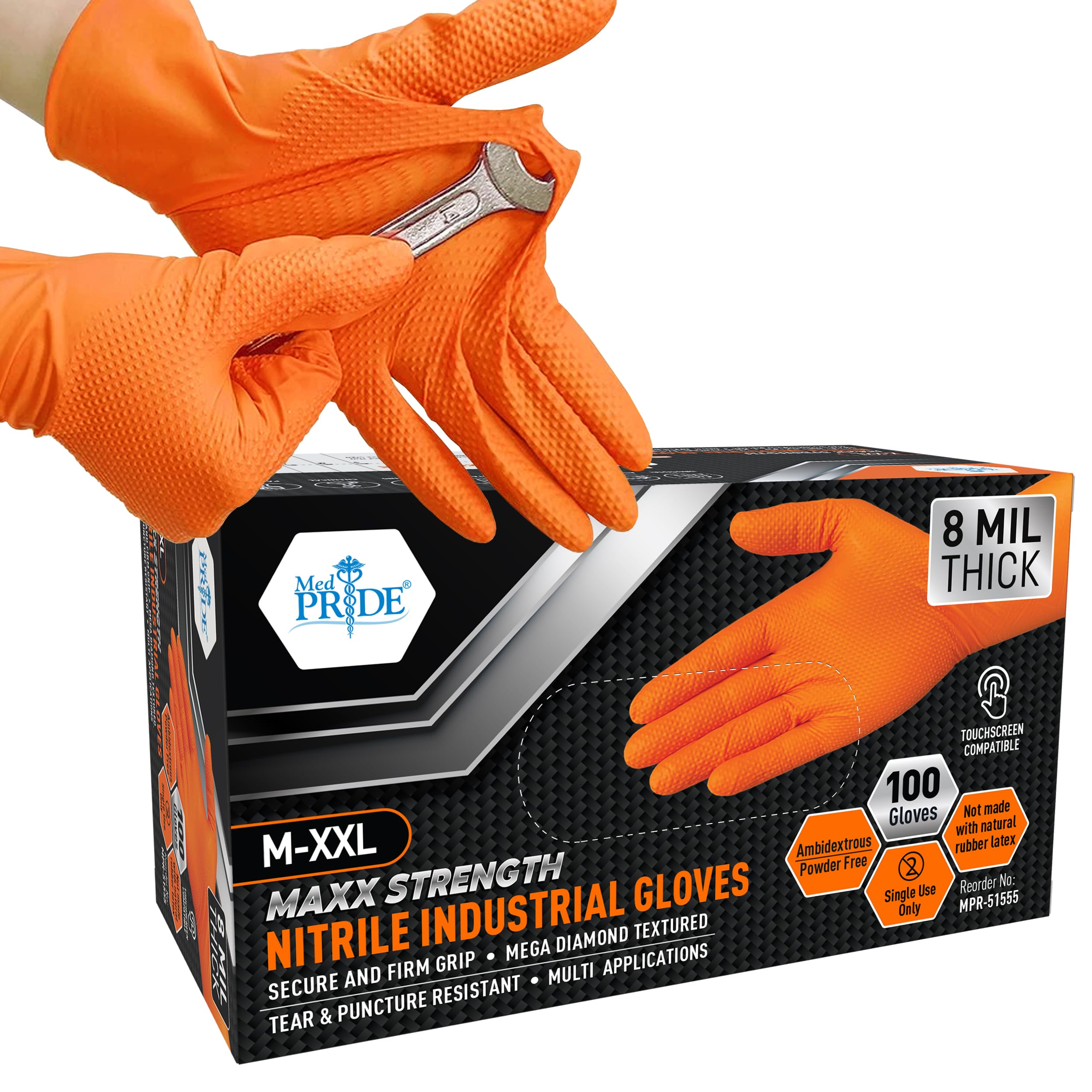 MED PRIDE Maxx Strength Nitrile Industrial Orange Gloves, 8 Mil Thick - Diamond Texture Disposable Heavy-Duty, Tear-Resistant