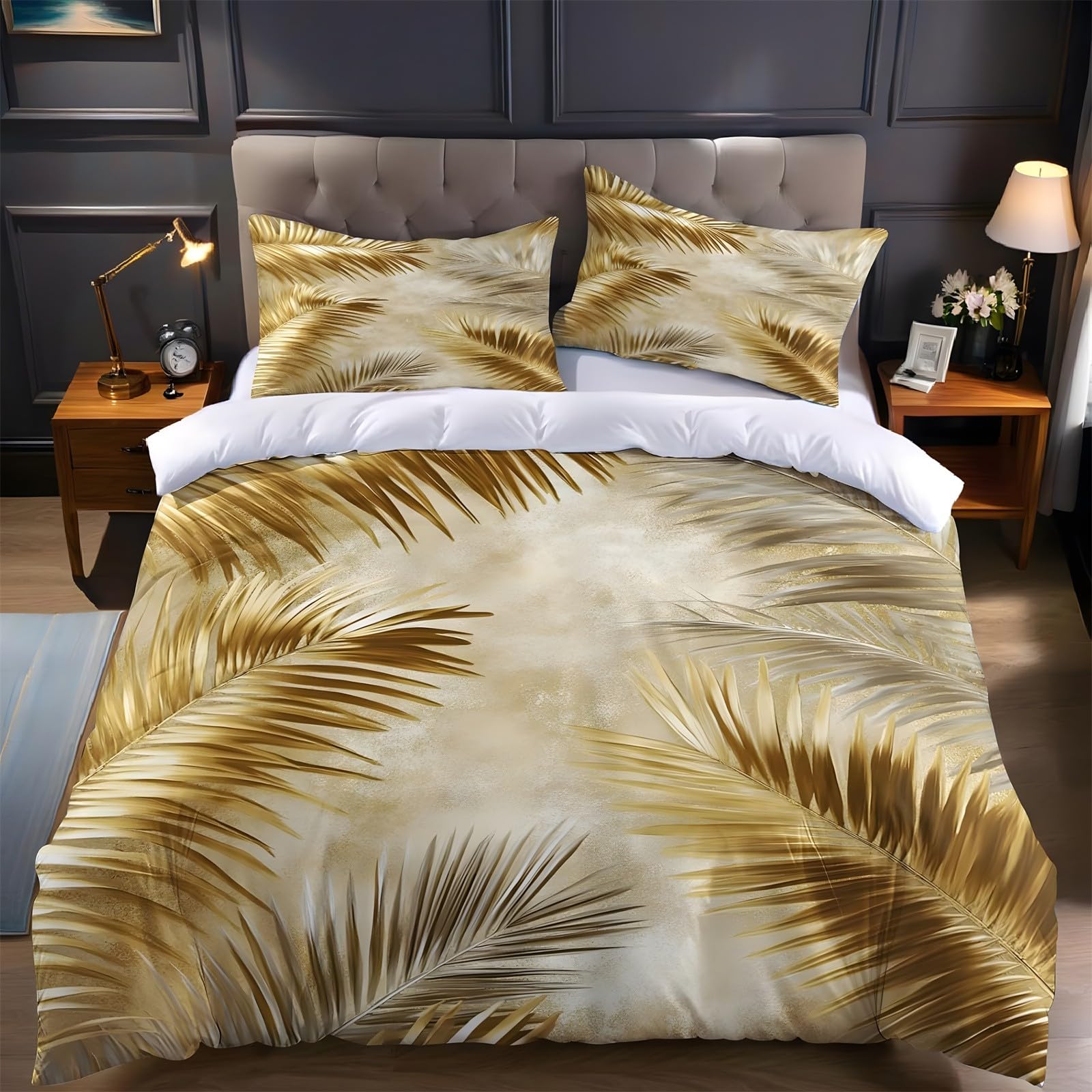 Ypthriline Small Single Duvet Cover Set Palm Leaf Bedding Set Microfiber Light Gold Duvet Covers with Pillowcases Reversible Bedding With Zipper Closure 120x150CM