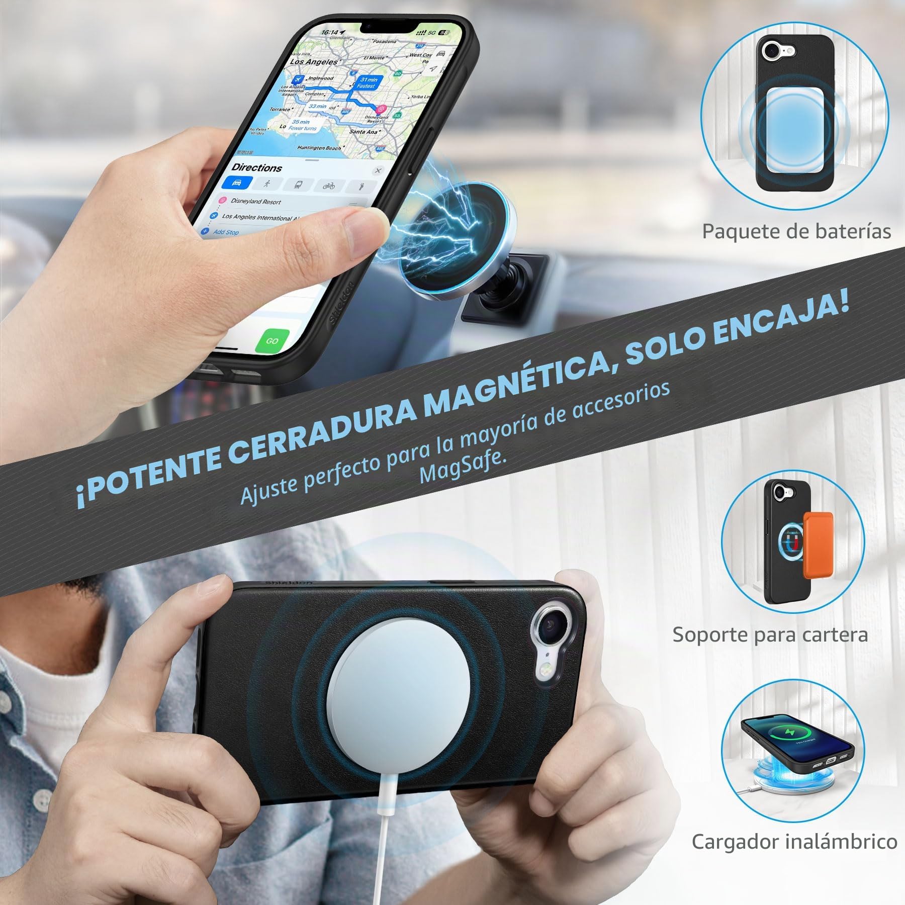 SHIELDON Funda Cartera Cuero Genuino para iPhone 17e/16e 6,1" 2026, Negro | Bloqueo RFID, Soporte Plegable, Funda Cartera Magnética 2 en 1 Desmontable, Ranuras para Tarjetas, 5G