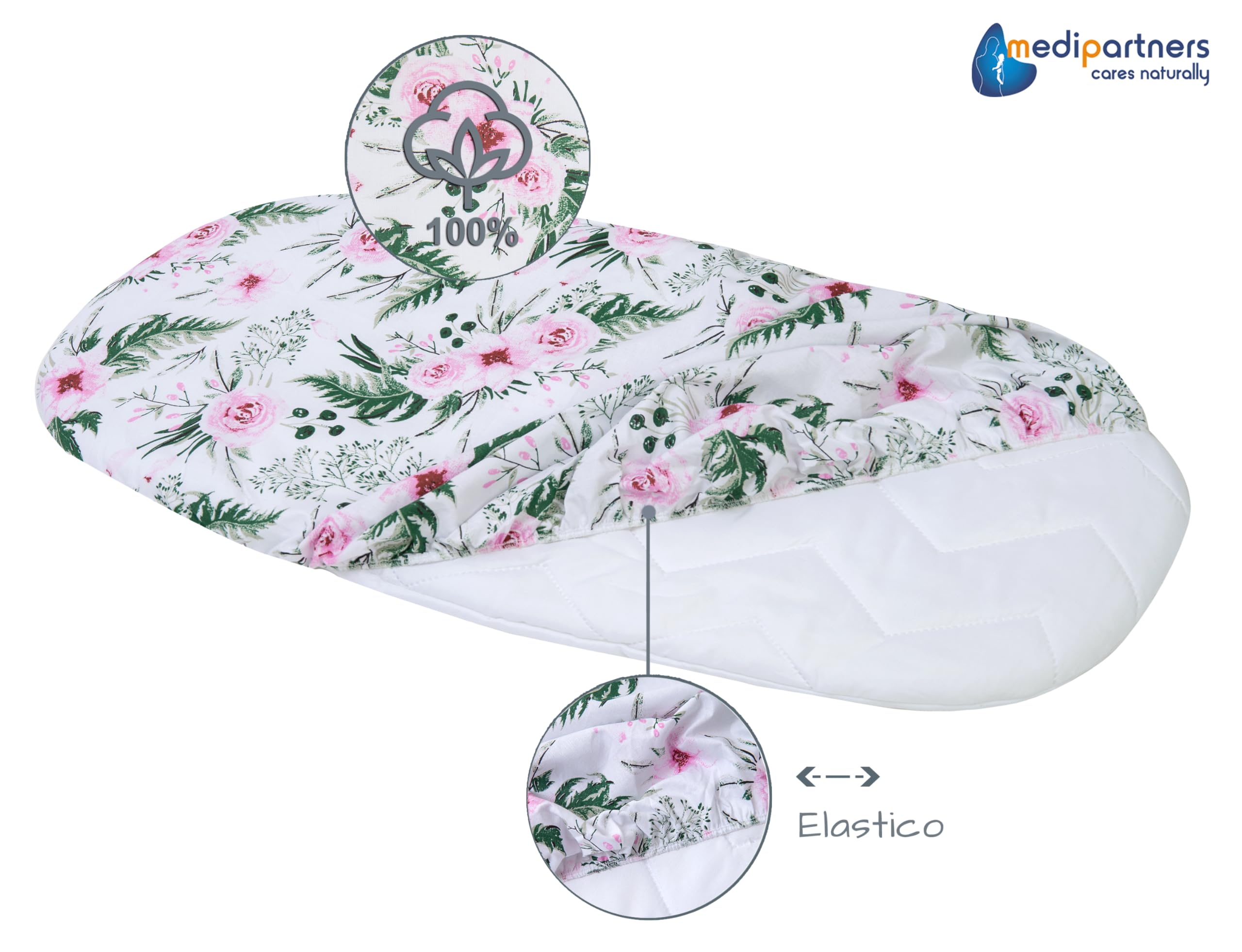 Medi Partners Lenzuola Lettino Culla 86x40 Set 3 Lenzuolo Navicella Neonato Carrozzina con Angoli - 100% Cotone Passeggino Materasso Fitted Sheet Coprimaterasso (Fiori Rosa-Bianco-Grigio)
