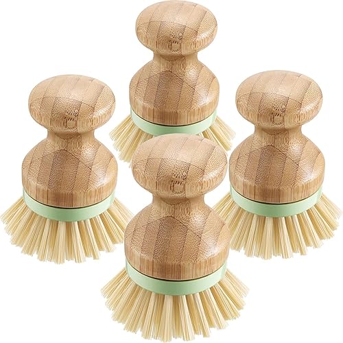 4 cepillos de madera para platos con soportes, mini cepillo redondo de bambú, cerdas rígidas, cepillos para lavar platos, ollas, sartenes, verduras,