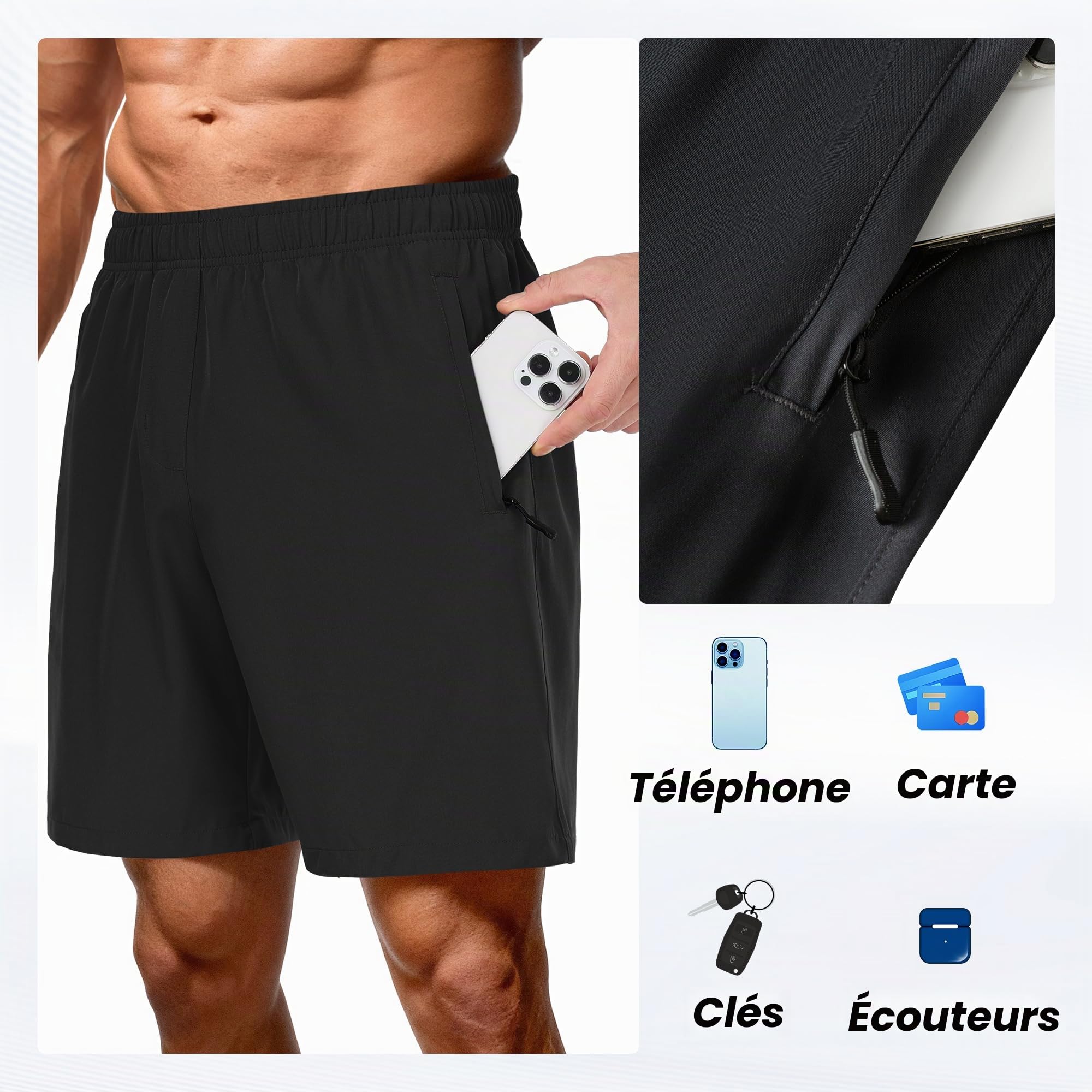 Short de sport court pour homme - Séchage rapide - Léger et respirant - Avec poches zippées - Pour fitness, jogging