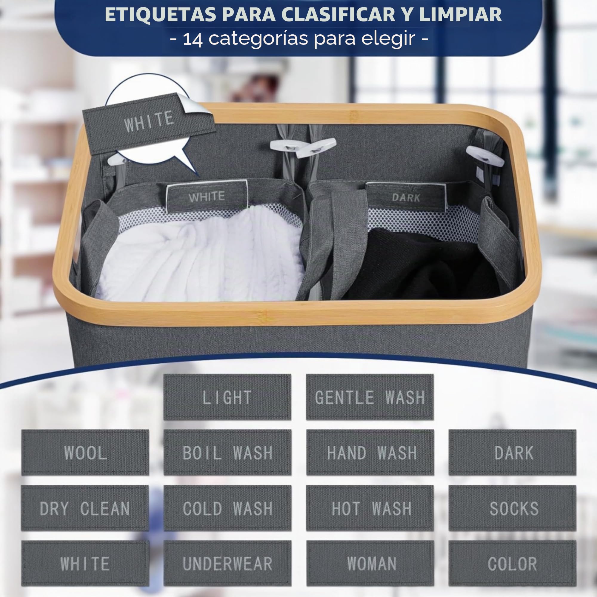 Cesto de Ropa Sucia de Bambú con Tapa y Asas - 1 o 2 Departamentos-Plegable,Bolsa Interior Lavable Máquina-Solución Elegante y Práctica para la Lavandería cubo 150L (Tela 2 Departamento Azul Marino)