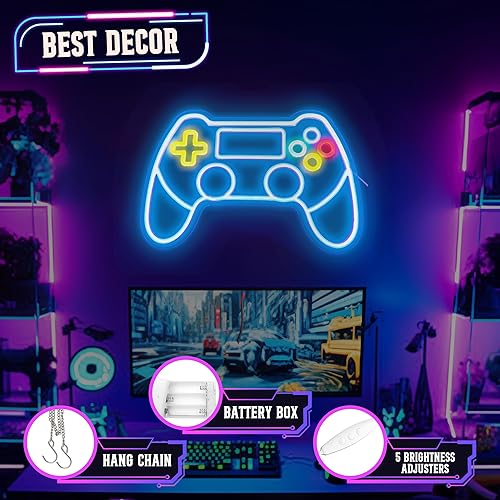 Miniatura 4 de Cartel de neón con mando de videojuegos, funciona con batería o USB, para decoración de salas de juegos, brillo ajustable, luz de neón (16.5 x 11.2