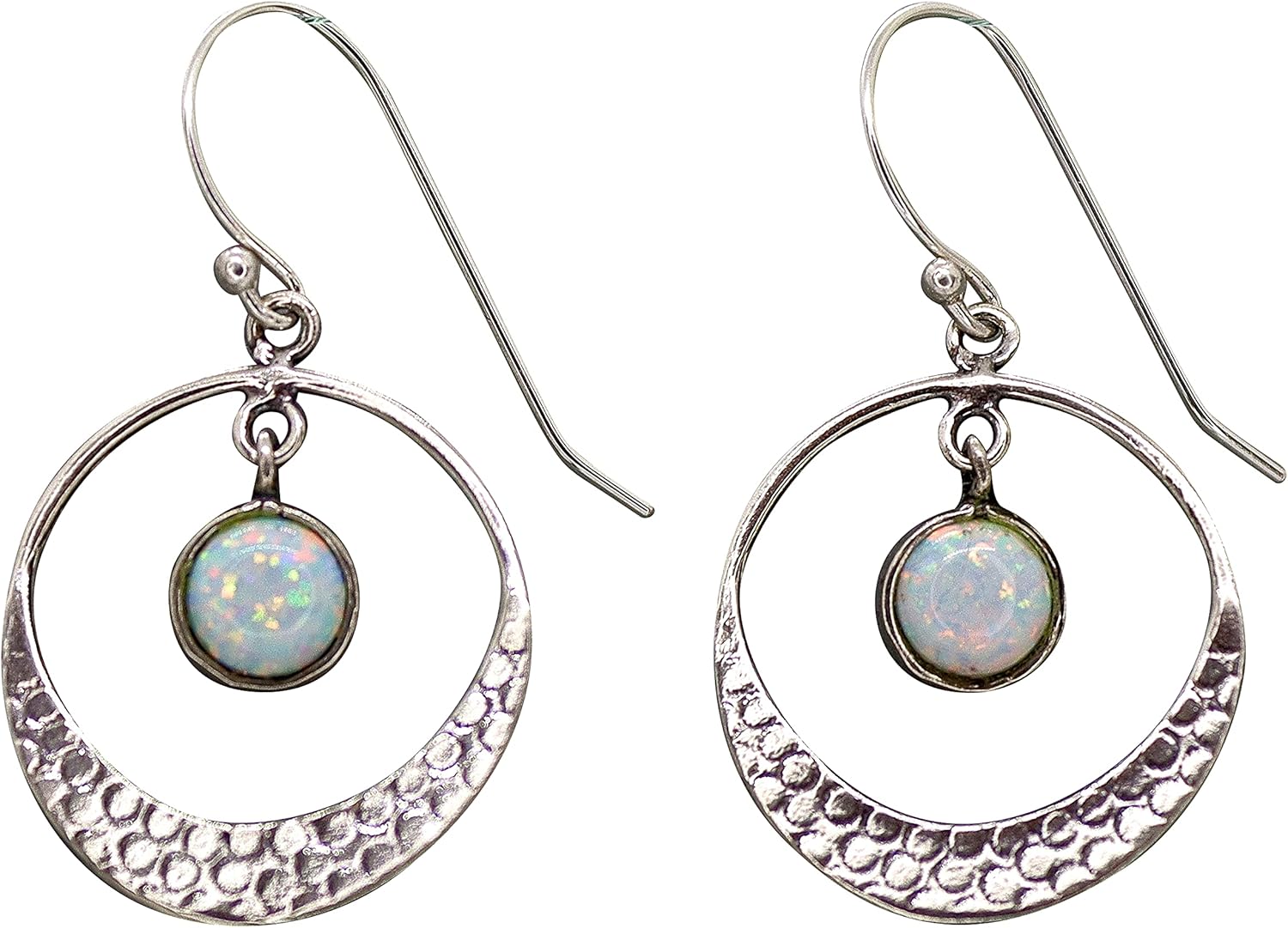 White Opal earrings, Sterling silver 925 dangle earring for women, Open hoop with stone dangle in the center, Hammered silver earrings, Unique silver earrings