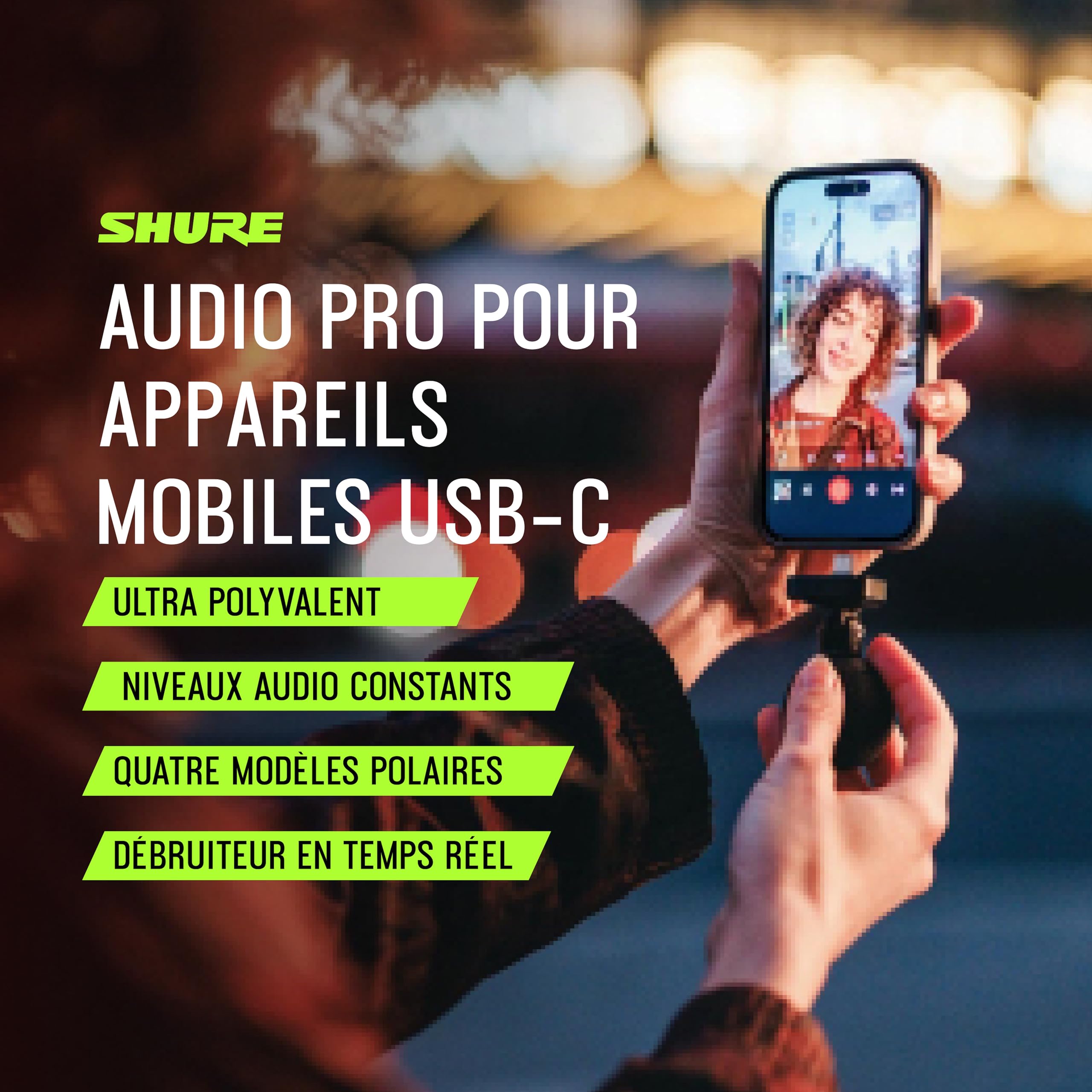 Shure MV88 USB-C Micro, pour iPhone et Android, Microphone d’Enregistrement et Vlogging avec Niveau Automatique, Réduction de Bruit en Temps Réel, 4 Directivités – Noir
