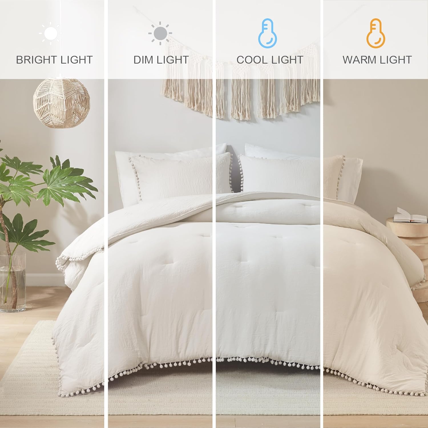 Codi Beige King Comforter Set - Boho Chic Bedding with Elegant Pom Fringe, Soft Washed Microfiber 3pc Luxury Set, Lightweight & Breathable for Master Bedroom, 1 Comforter & 2 Pillow Shams
