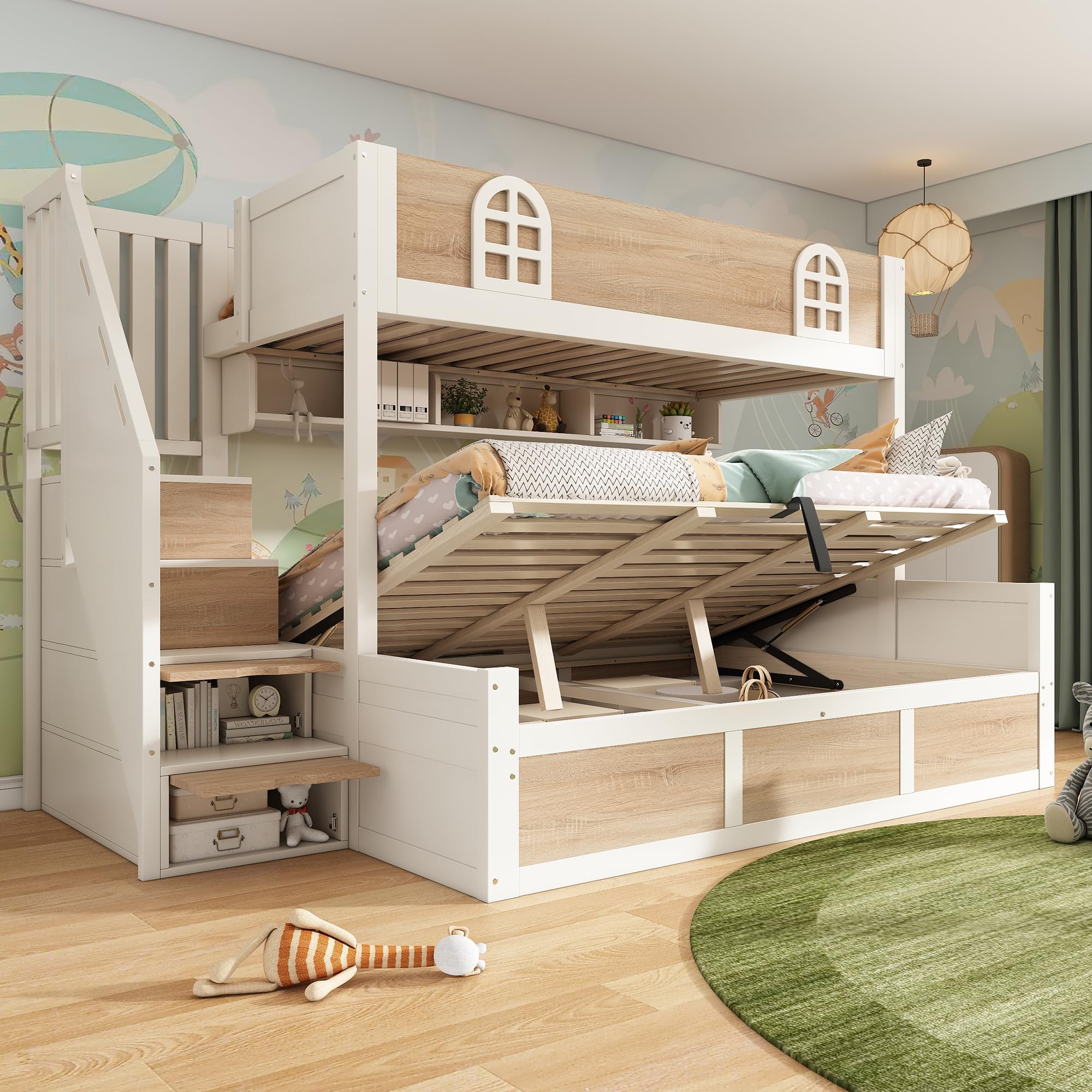 Litera infantil de 90/140 x 200 cm con armario para escaleras, litera inferior con cajón, rejilla de seguridad y somier, efecto cabaña, ahorra espacio para varios niños, color blanco +
