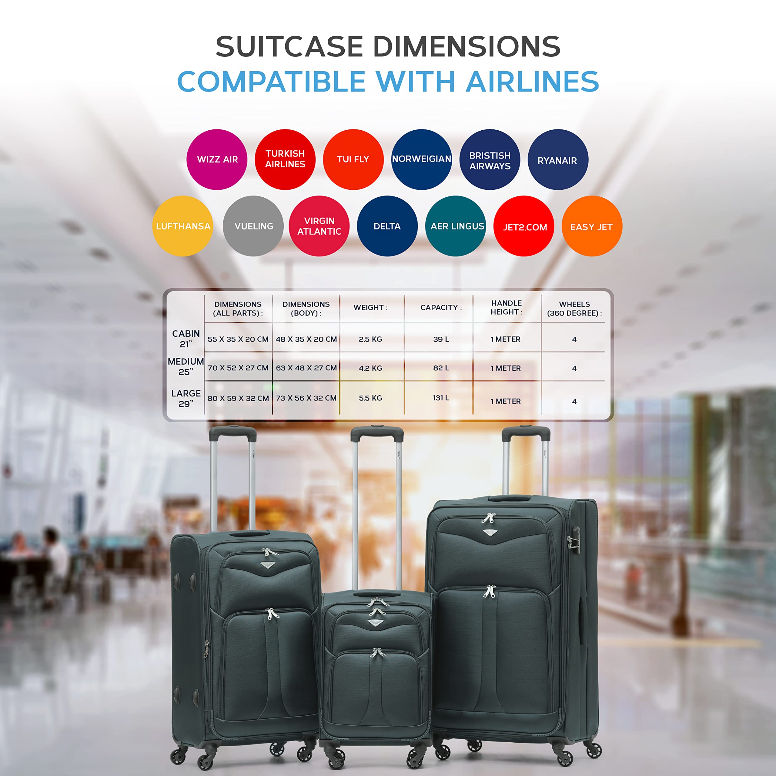 Flight Knight Lightweight 4 Wheel 800D Soft Case Suitcases Anti Crack Cabin & Hold Luggage Options Approved for Over 100 Airlines Including easyJet, BA & Many More!