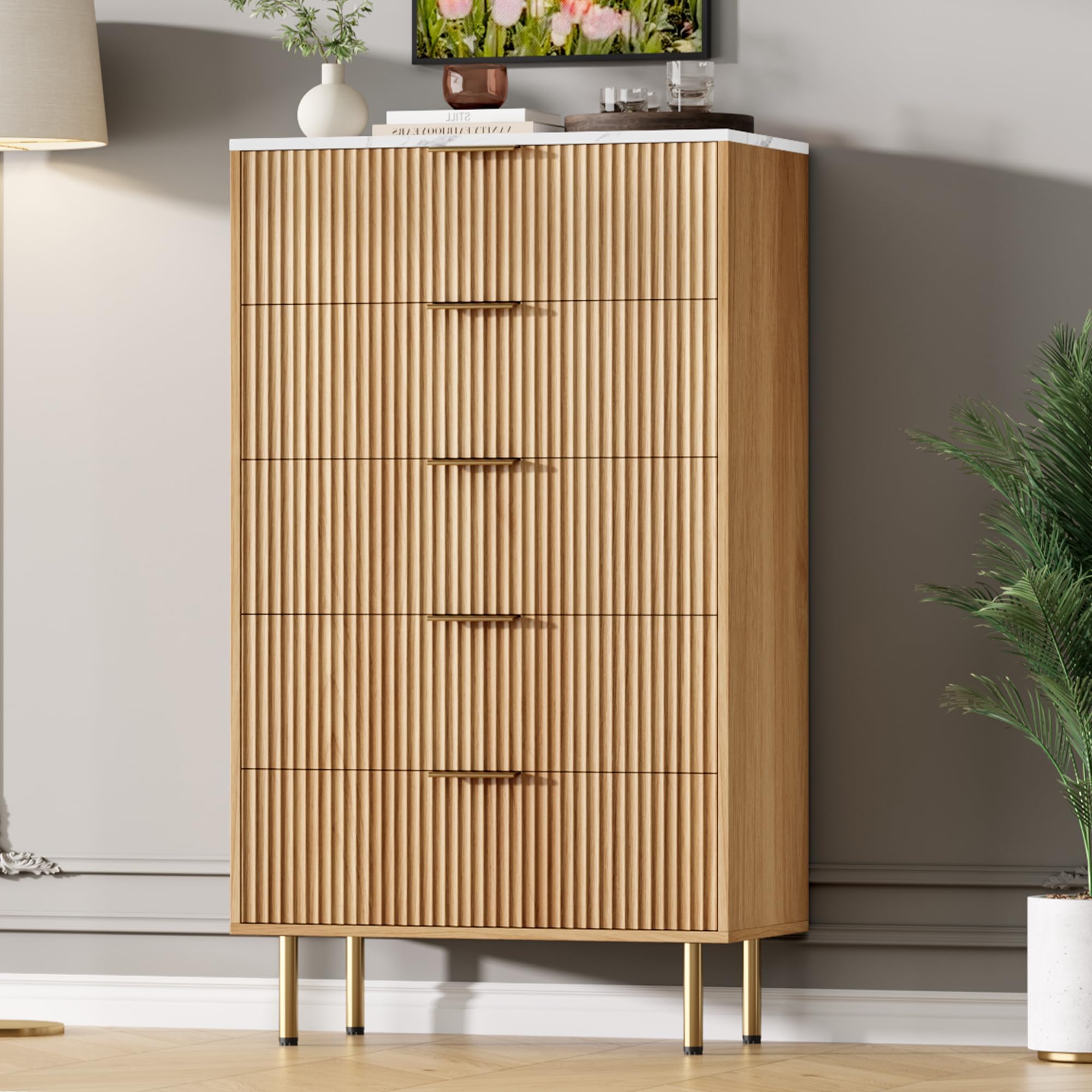 GAOMON 5 Drawer Dresser,Wood Dresser for Bedroom,47.9" Tall Dressers Chest of Drawers,Modern Tall Dressers with Metal Handle for Closet, Living Room, Entryway