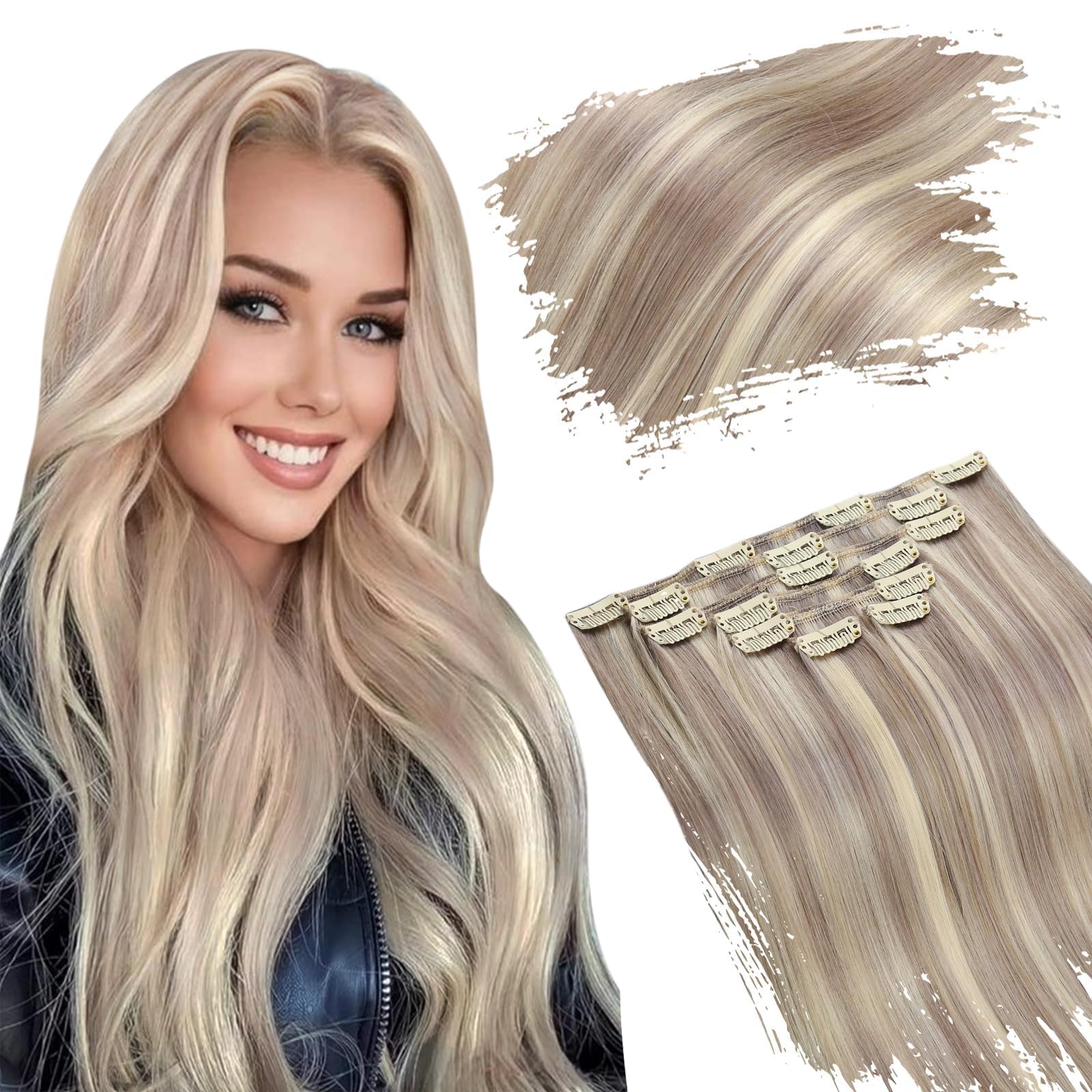Ugeat Extensiones Clip Pelo Natural 16 Pulgadas Clip in Hair Extensions 100g 8 Piezas Extensiones de Cabello Natural Clip #P20/60 Rubia Highlight Clip in Hair Extensions