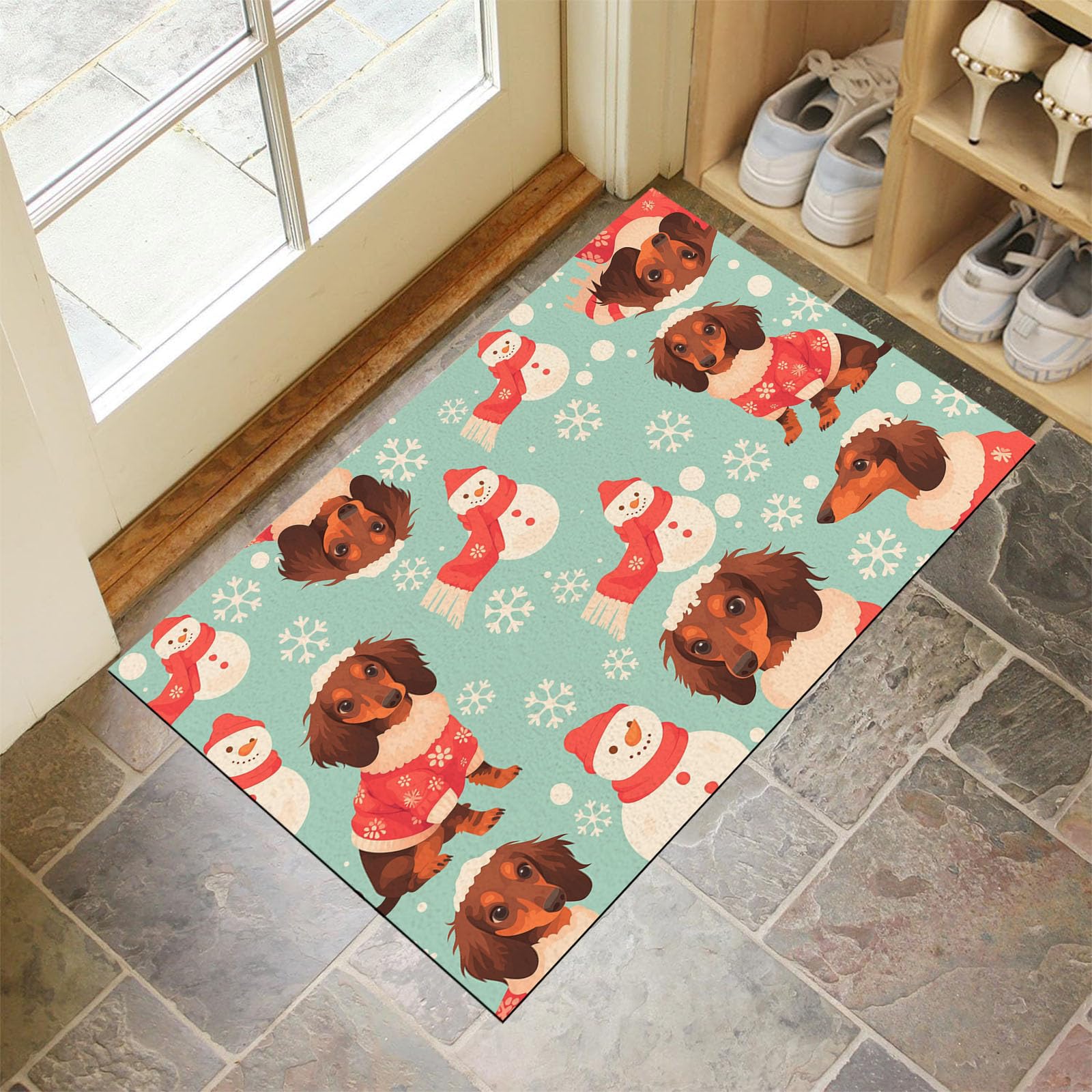 Paillasson Teckel de Noël 50x80cm tapis de sol d'entrée antidérapant de bienvenue