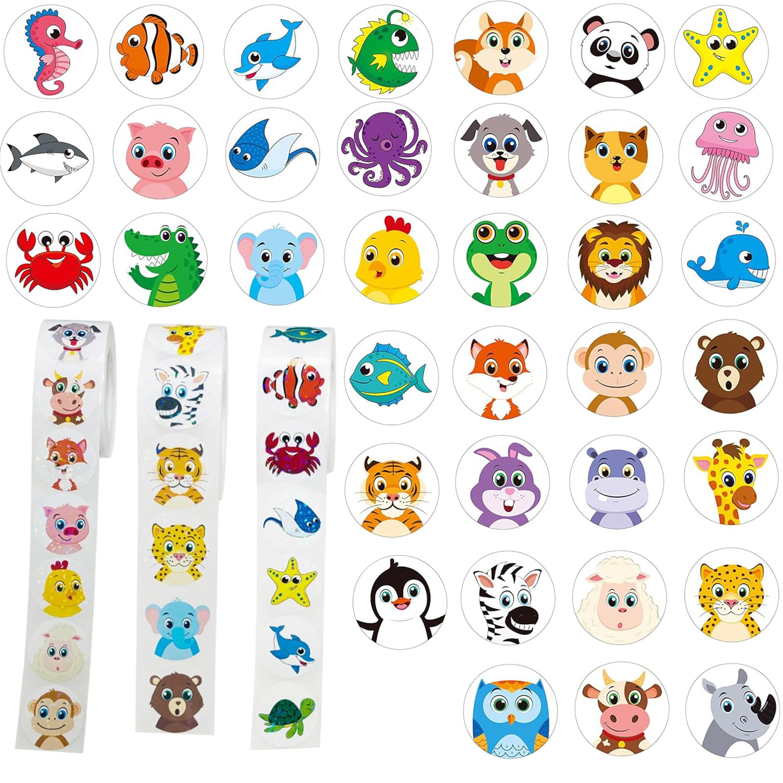Round Animal Stickers 1500PCS, 24 Designs Marine Land Animal Roll Self Adhesive Stickers, Teacher Reward Stickers for Kids Students School Classroom Party Decoration