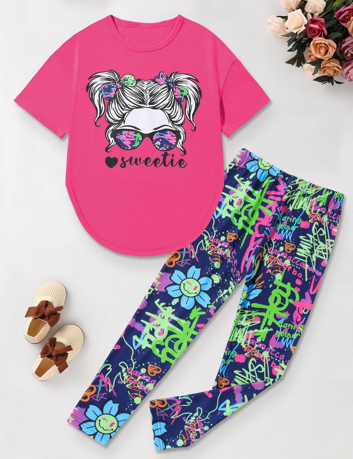 Girls Clothes, Teen Girl Clothes Sweetie-Girl Print Short Sleeve Tops Tie Dye Long Pants 2 PC Sweatsuits Set 6-14 - Image 2