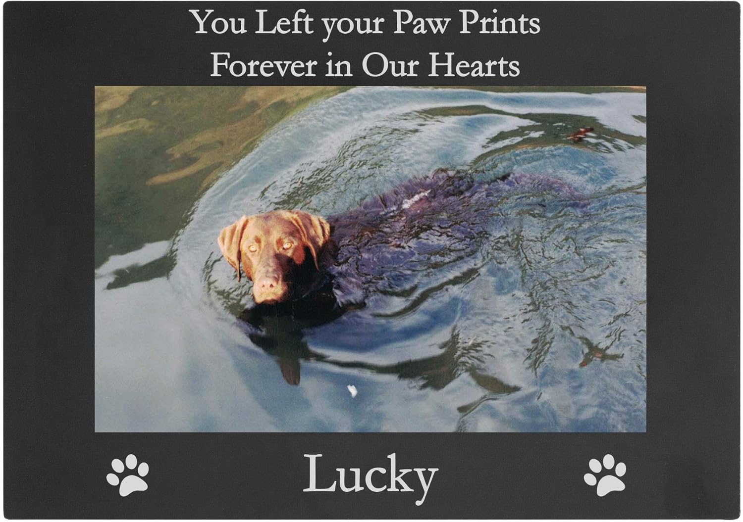 CustomGiftsNow You Left Your Paw Prints Forever in Our Hearts - Custom Dog - Engraved Anodized Aluminum Hanging/Tabletop Personlized Memorial Photo Picture Frame - Add Your Dogs Name