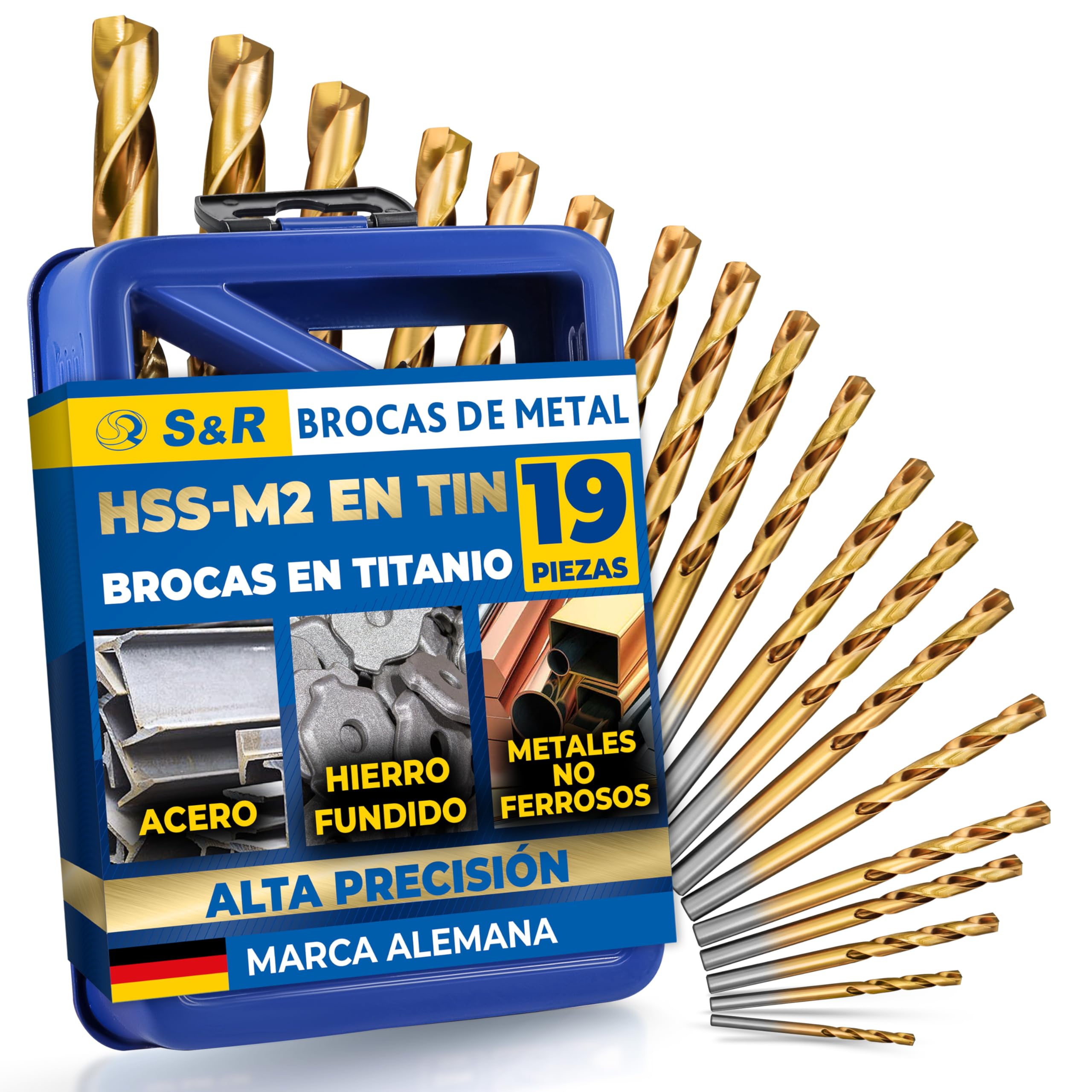 S&R Juego de Brocas HSS Titanio Metal (1-10 mm) 135 ° serie TM DIN 338. Set de 19 Brocas Profesionales en Caja de Metal.