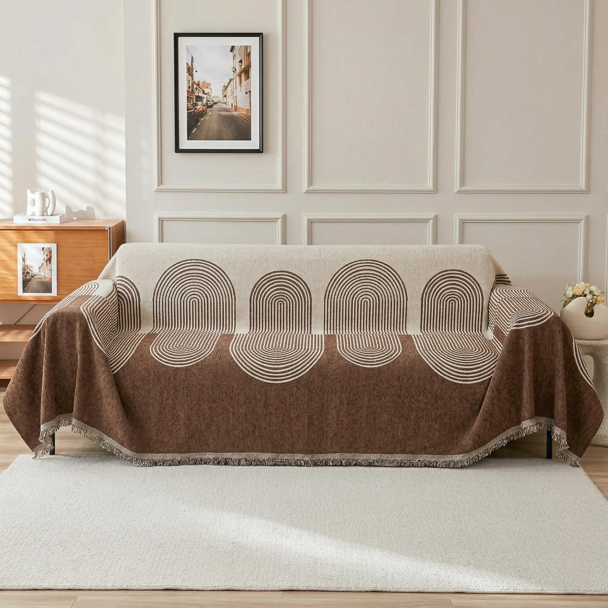 story@home chenille sofa cover 3 seater fully covered | thick & soft anti slip chenille 3 seater sofa cover for living room 180 cm x 320 cm (brown & off white)
