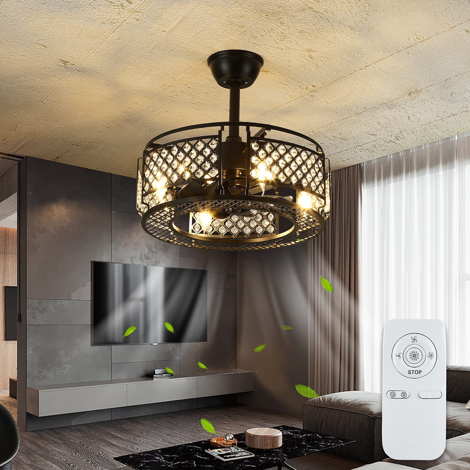 Buy IYUNXI Ceiling Fan with Lights Black Iron 18 Inch Caged Adjustable