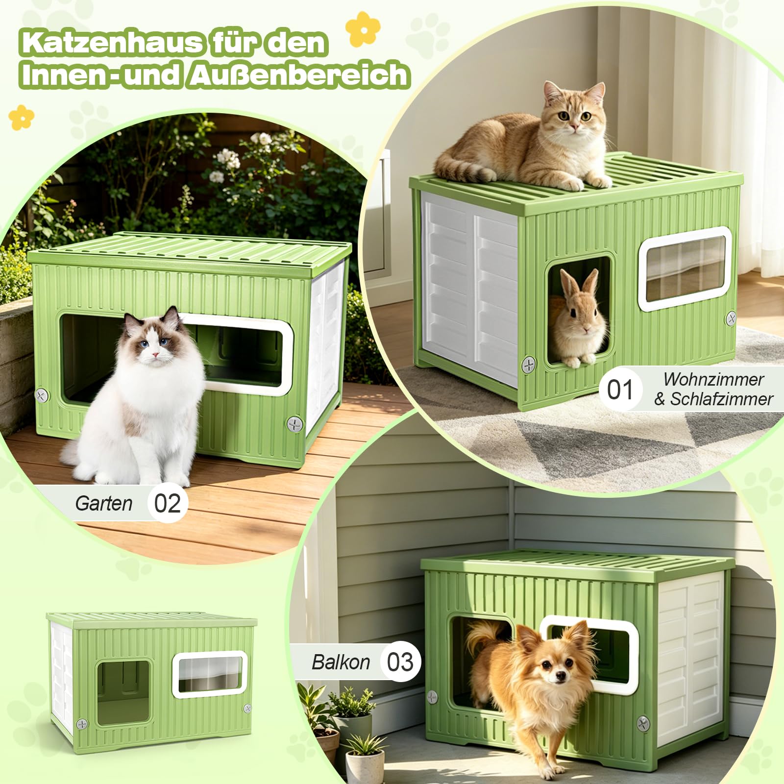 Katzenhaus Outdoor & Indoor Wetterfest – Stapelbare Katzenhöhle aus Kunststoff mit Acrylfenster, moderner Katzenunterstand für Balkon & Garten, für Katzen, kleine Hunde & Kleintiere (56×38,5×36,5 cm)