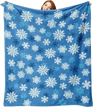 Blue Christmas Snowflake Flannel Throw Blanket, Xmas Snow Birthday