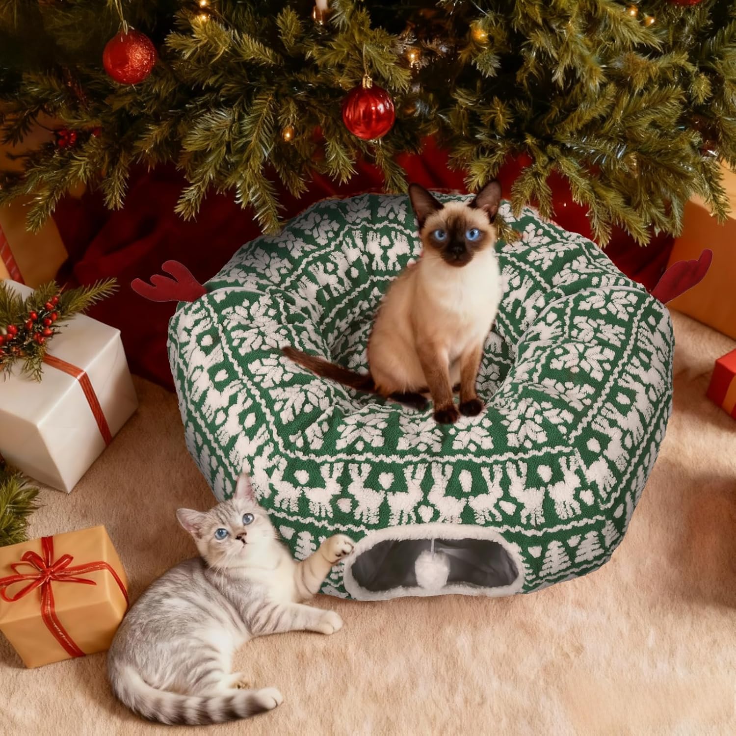 Cat Tunnel Bed, Cute Cat Tunnels for Indoor Cats with Washable Mat, Hanging Ball, Collapsible Play Tunnel, Pet Donut Tube Bed Cave, Xmas Party Decor for Kitten, Rabbit, Puppy Gifts