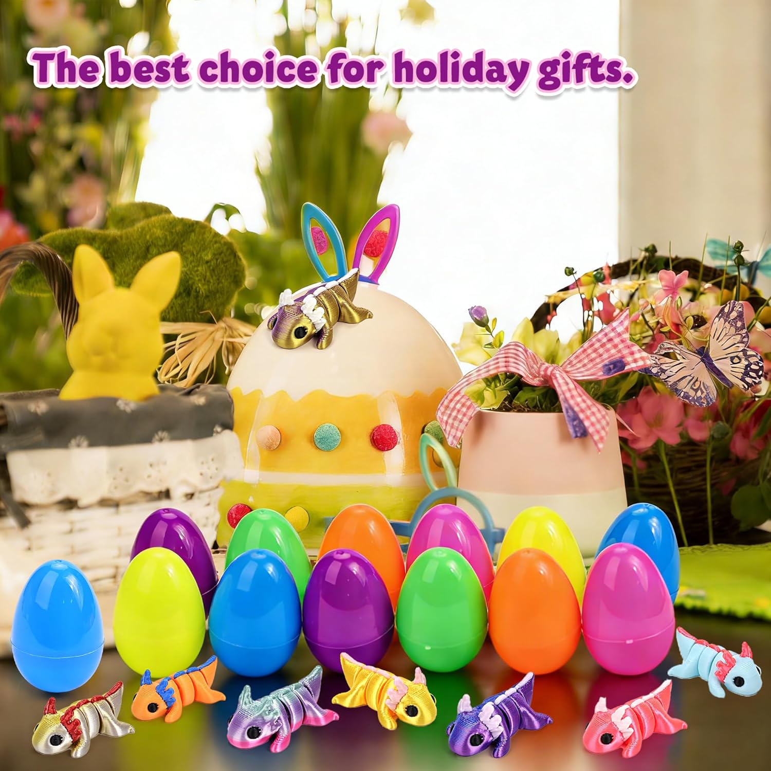24 pcs Easter Egg with 3D Printed Axolotl Figure Toys, Flexible Articulated, Multicolor Axolotl Figures, Easter Eggs for Party Favor, Classroom Prize, Easter Eggs Hunt, Easter Basket Stuffers for Kids