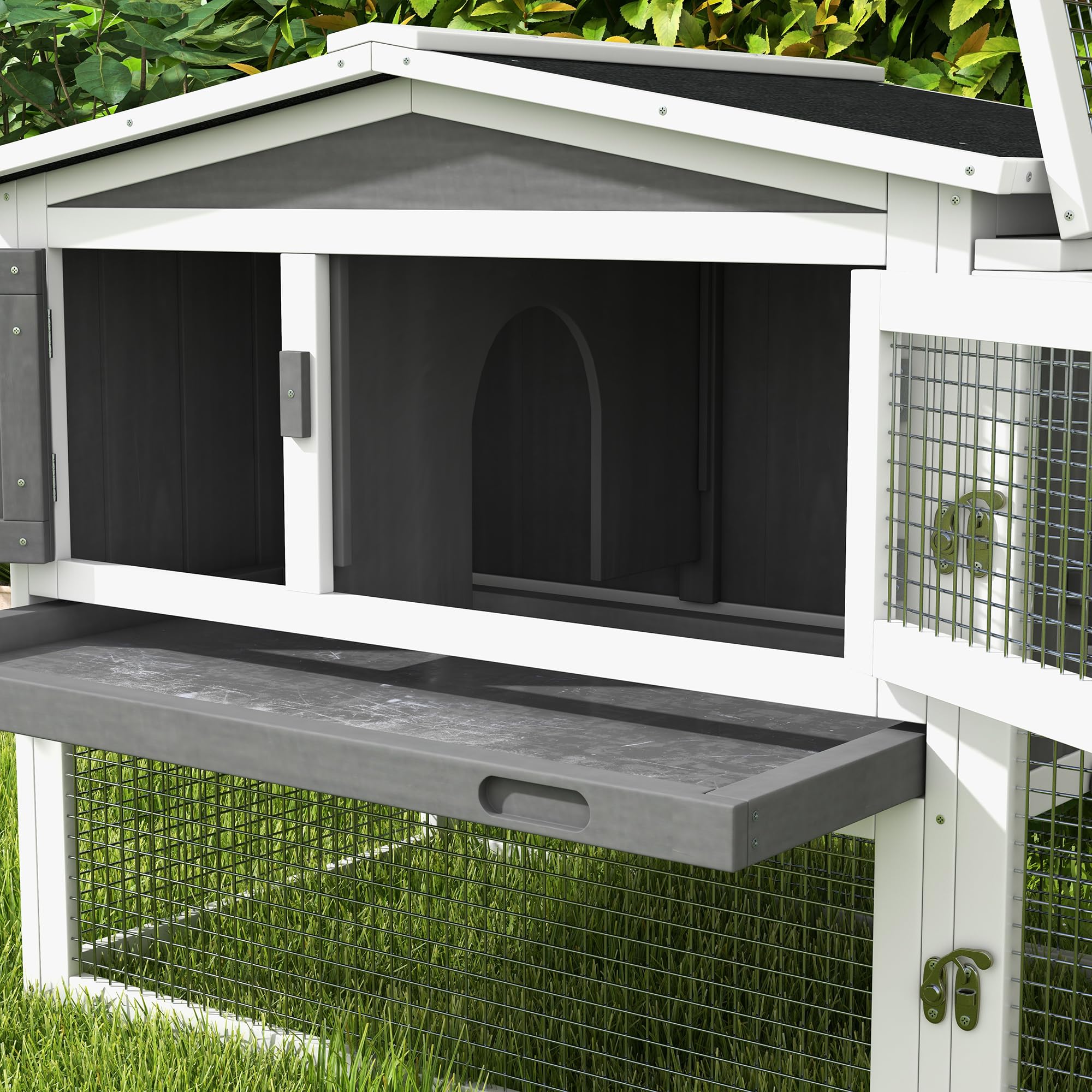 PawHut Clapier Cage à Lapins rongeurs 2 étages tiroir déjection enclos extérieur Amovible Toit ouvrant 156L x 58l x 68H cm Bois Massif pin