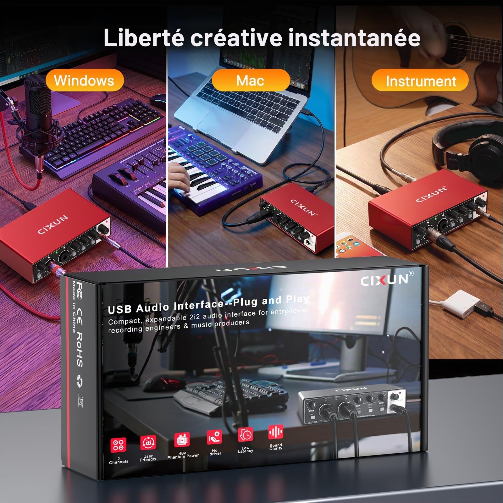 Carte Son Externe,2×2 Interface Audio USB-C pour PC,24 Bits/192 kHz, Doubles Entrées TS/XLR,Alimentation Fantôme +48 V,pour Studio/Podcast/Diffusion en Direct (Noir)
